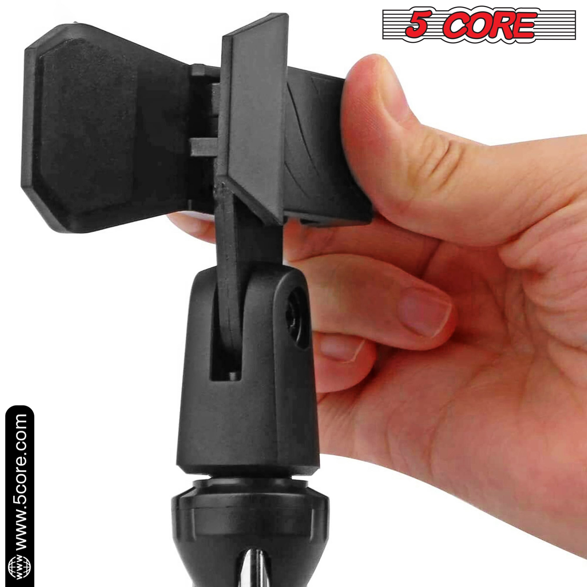 5 Core Desk Mic Stand with adjustable height and tripod base, designed for desktop use, featuring a 360-degree rotatable head and anti-slip rubber caps.