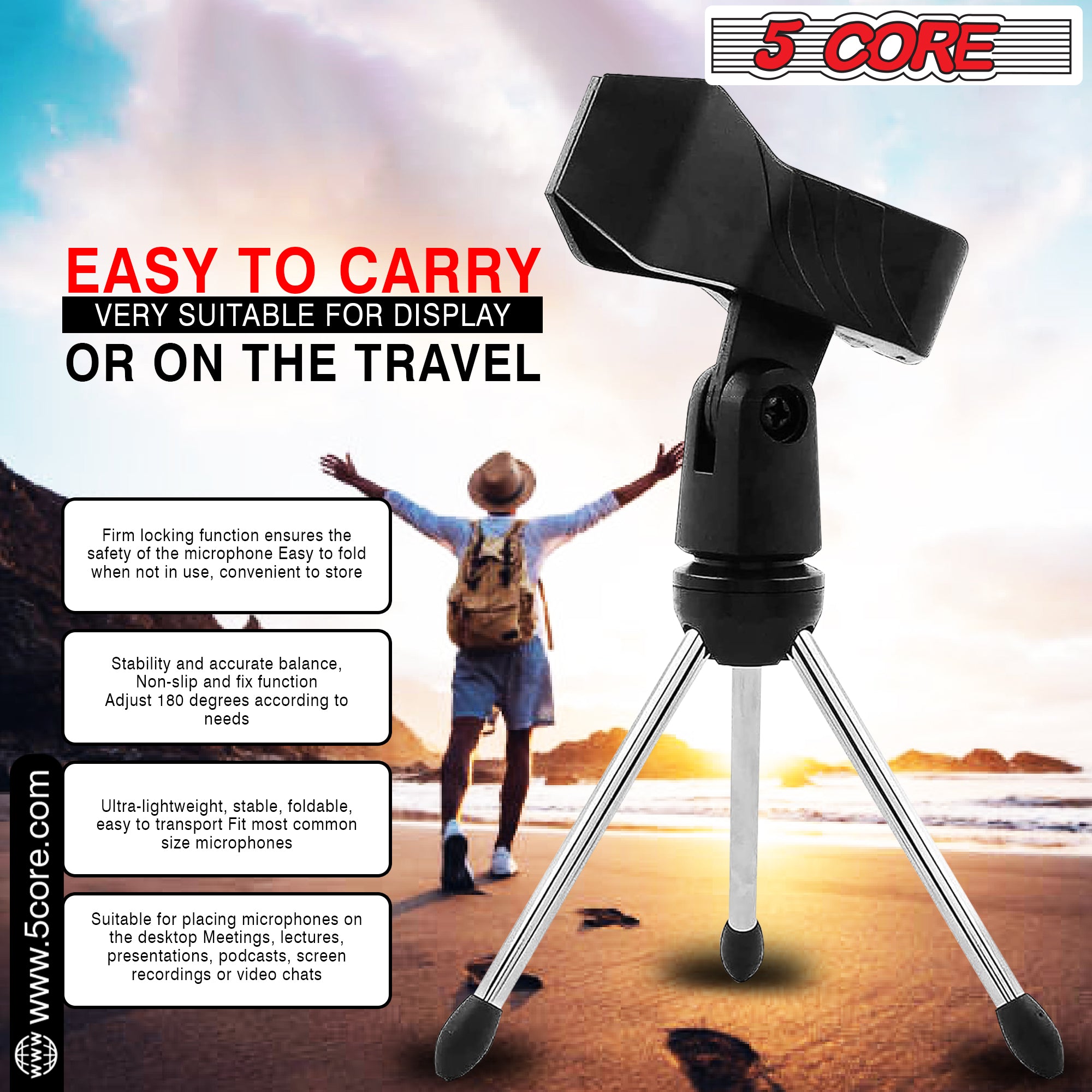5 Core Desk Mic Stand with adjustable height and tripod base, designed for desktop use, featuring a 360-degree rotatable head and anti-slip rubber caps.