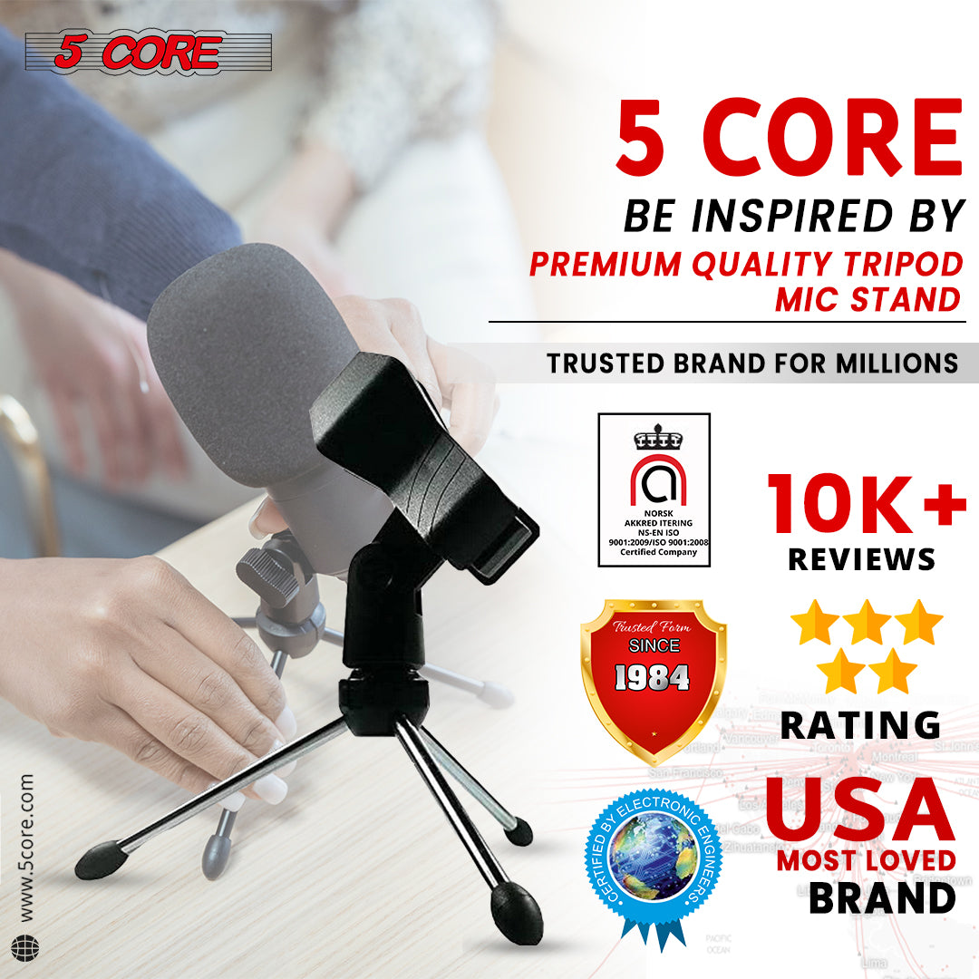 5 Core Desk Mic Stand with adjustable height and tripod base, designed for desktop use, featuring a 360-degree rotatable head and anti-slip rubber caps.