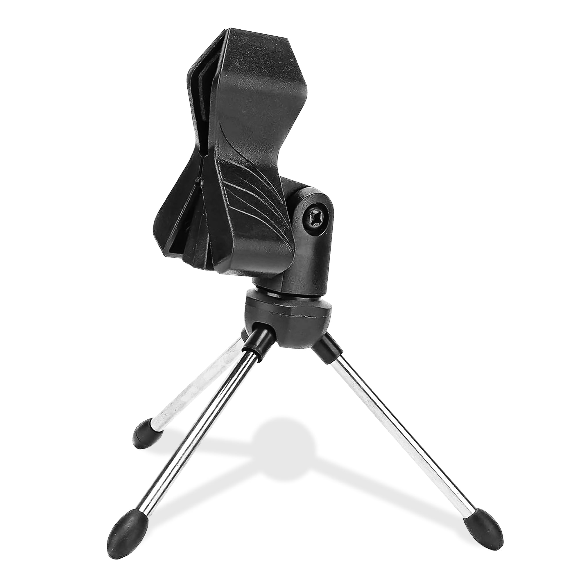 5 Core Desk Mic Stand with adjustable height and tripod base, designed for desktop use, featuring a 360-degree rotatable head and anti-slip rubber caps.