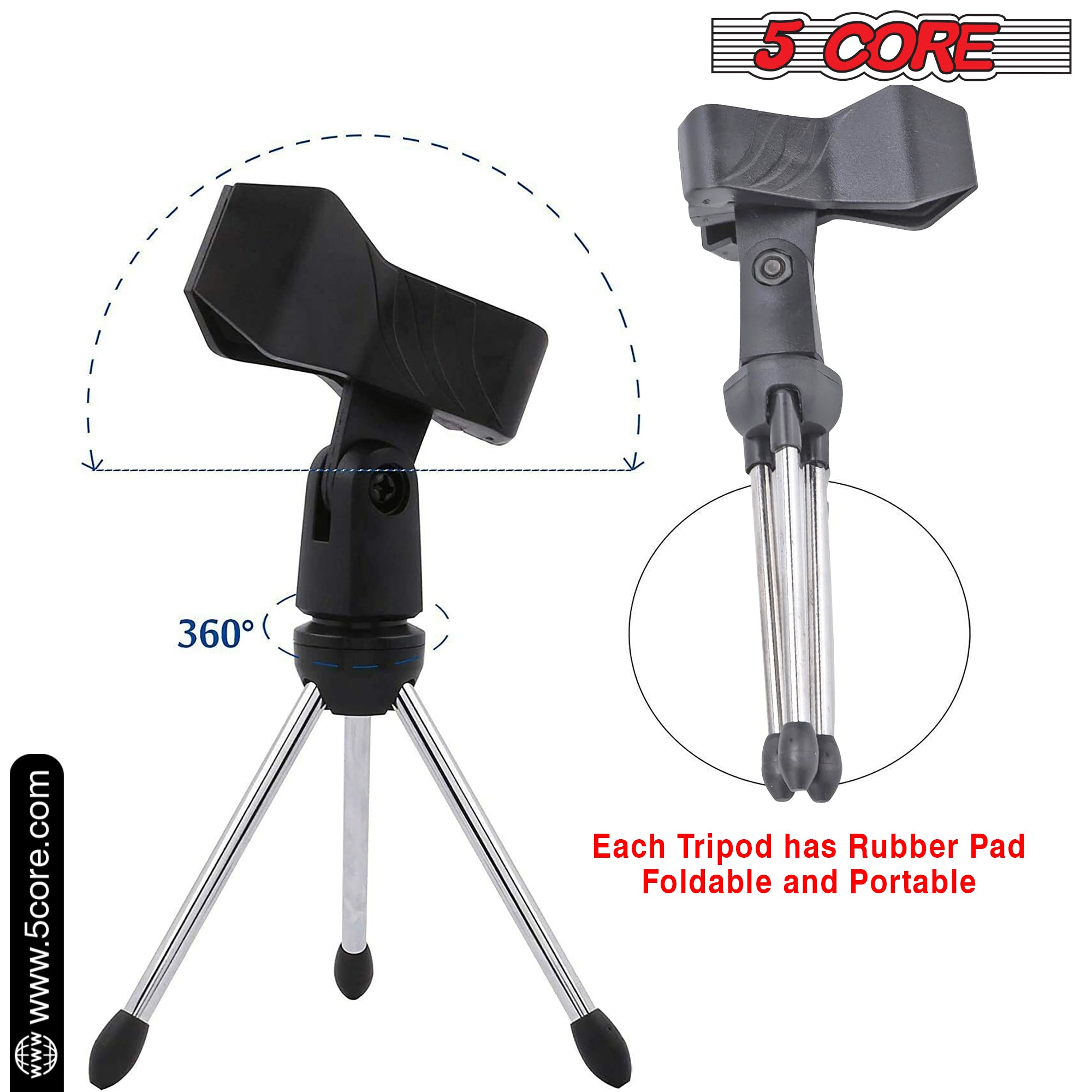 5 Core Desk Mic Stand with adjustable height and tripod base, designed for desktop use, featuring a 360-degree rotatable head and anti-slip rubber caps.
