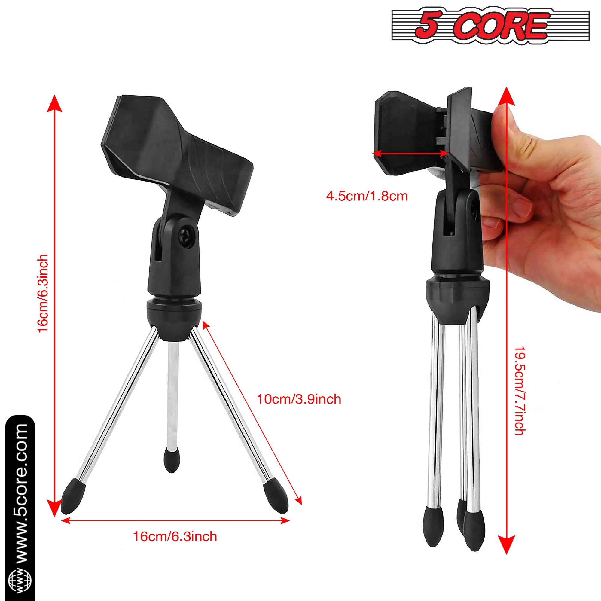 5 Core Desk Mic Stand with adjustable height and tripod base, designed for desktop use, featuring a 360-degree rotatable head and anti-slip rubber caps.