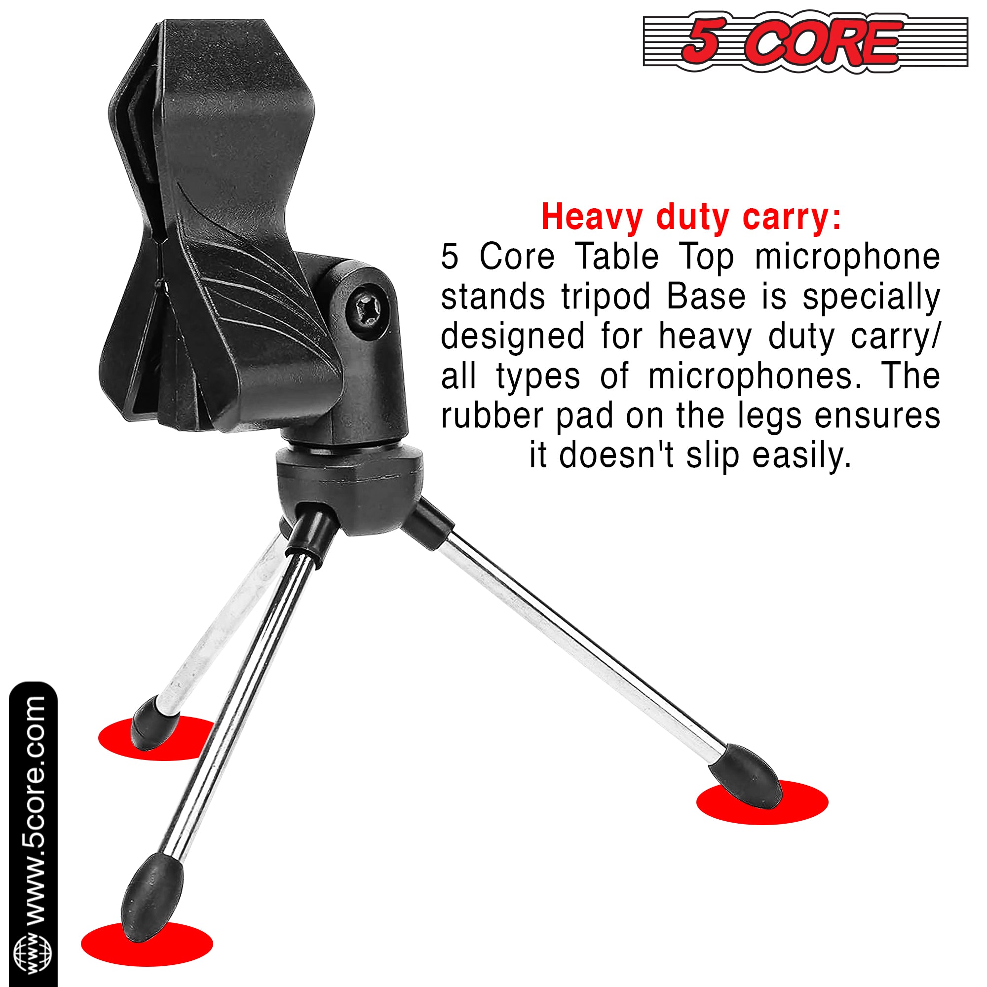 5 Core Desk Mic Stand with adjustable height and tripod base, designed for desktop use, featuring a 360-degree rotatable head and anti-slip rubber caps.