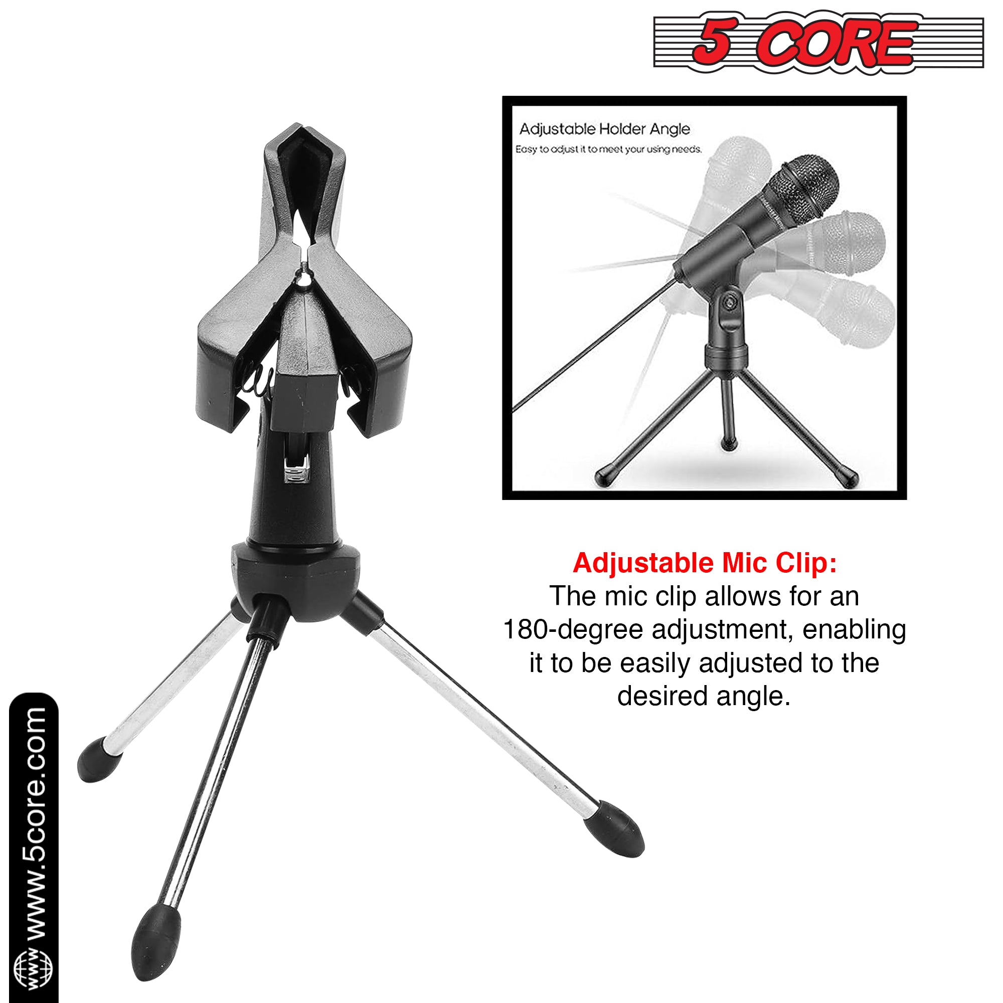 5 Core Desk Mic Stand with adjustable height and tripod base, designed for desktop use, featuring a 360-degree rotatable head and anti-slip rubber caps.