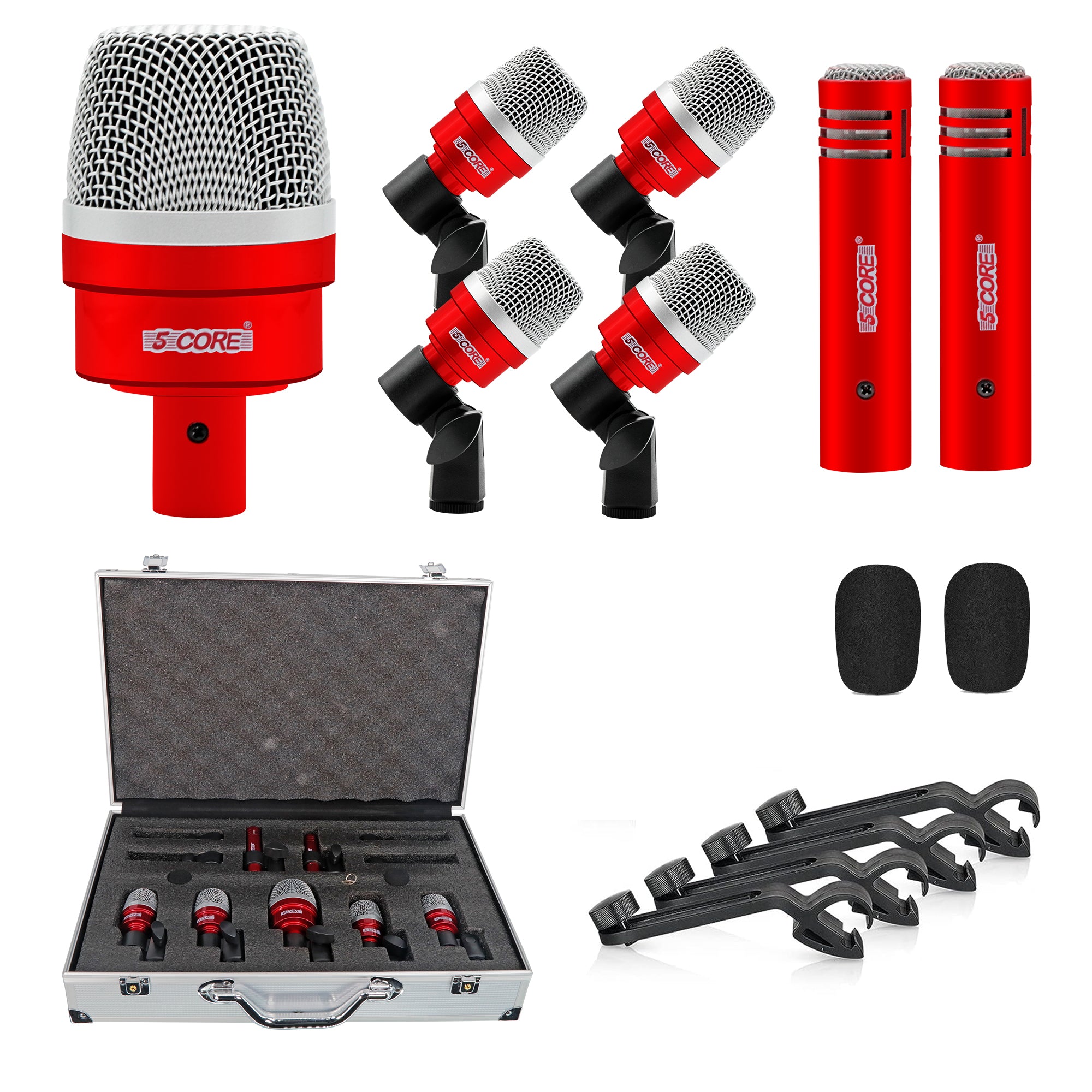 5 Core Drum Mic Kit featuring 7 dynamic microphones for kick, bass, tom, and snare, designed for professional audio capture.