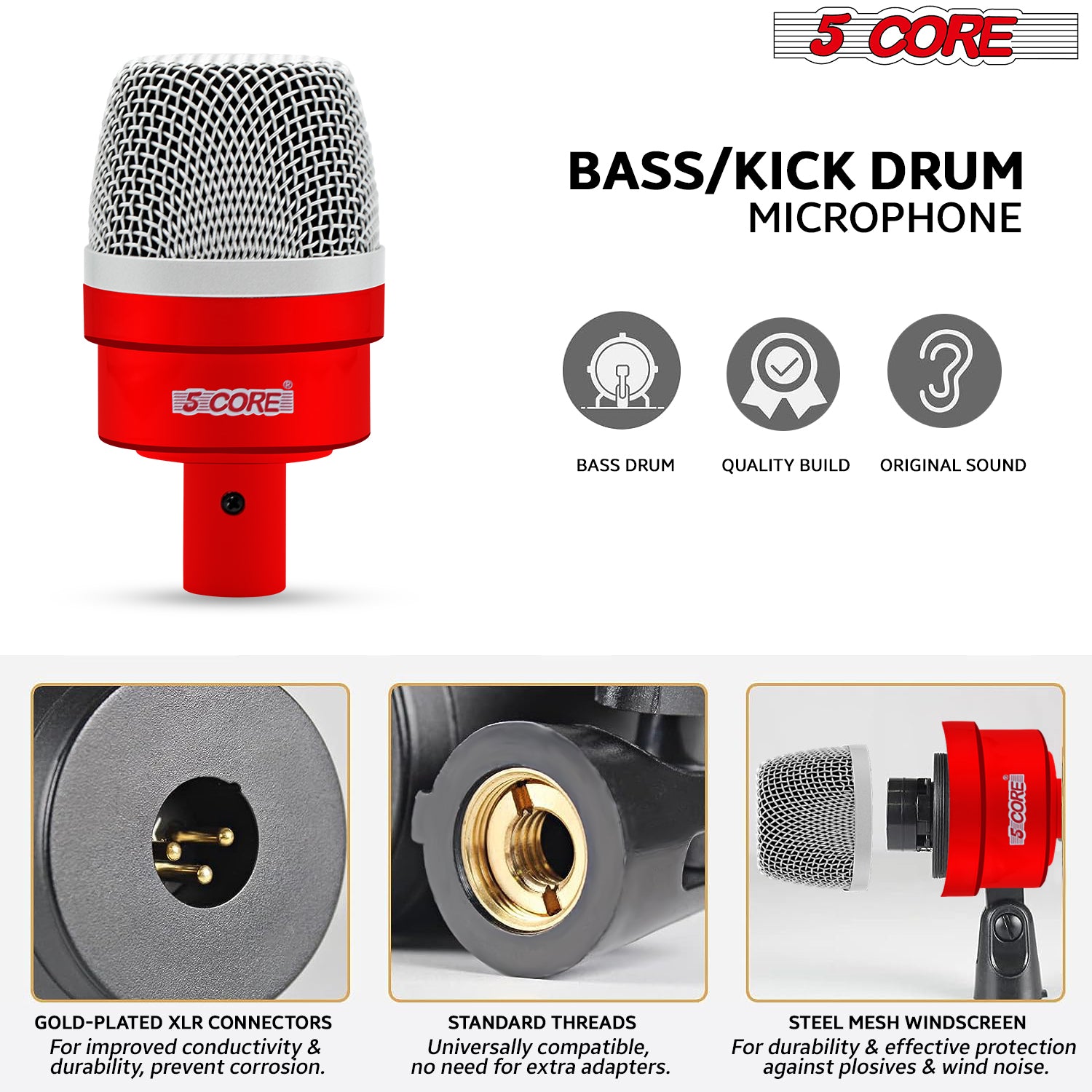 5 Core Drum Mic Kit featuring 7 dynamic microphones for kick, bass, tom, and snare, designed for professional audio capture.