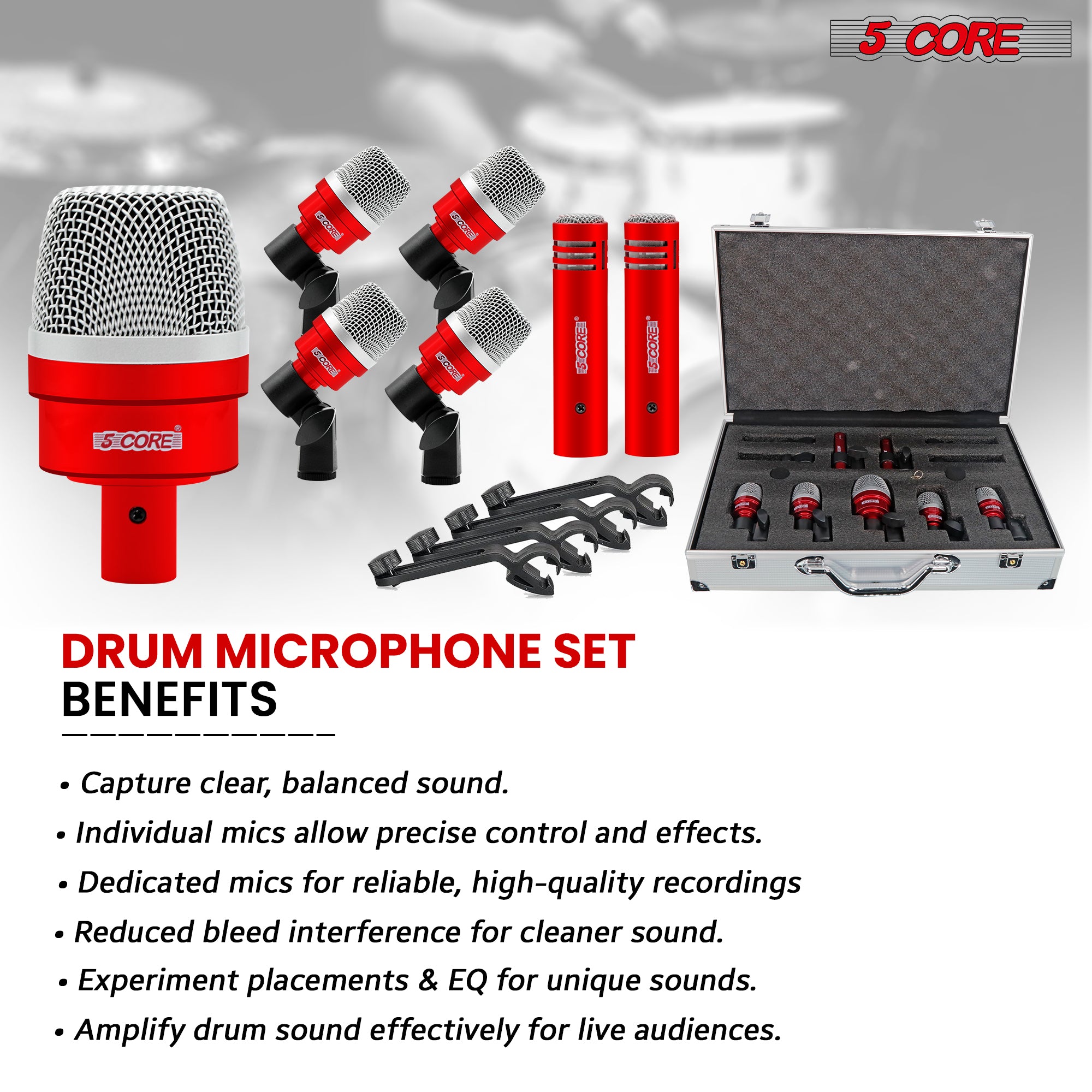 5 Core Drum Mic Kit featuring 7 dynamic microphones for kick, bass, tom, and snare, designed for professional audio capture.