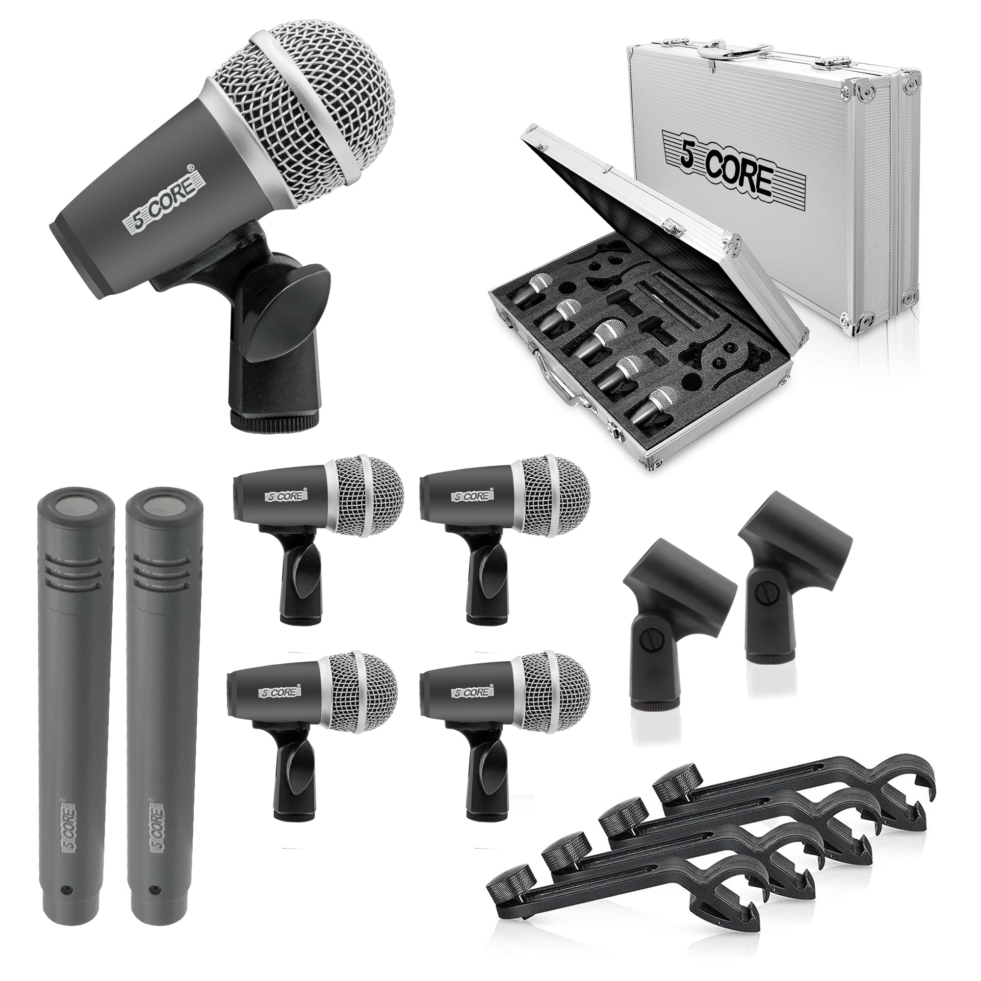 5 Core Drum Mic Kit featuring 7 dynamic microphones for kick, bass, tom, and snare, with a convenient carry case.