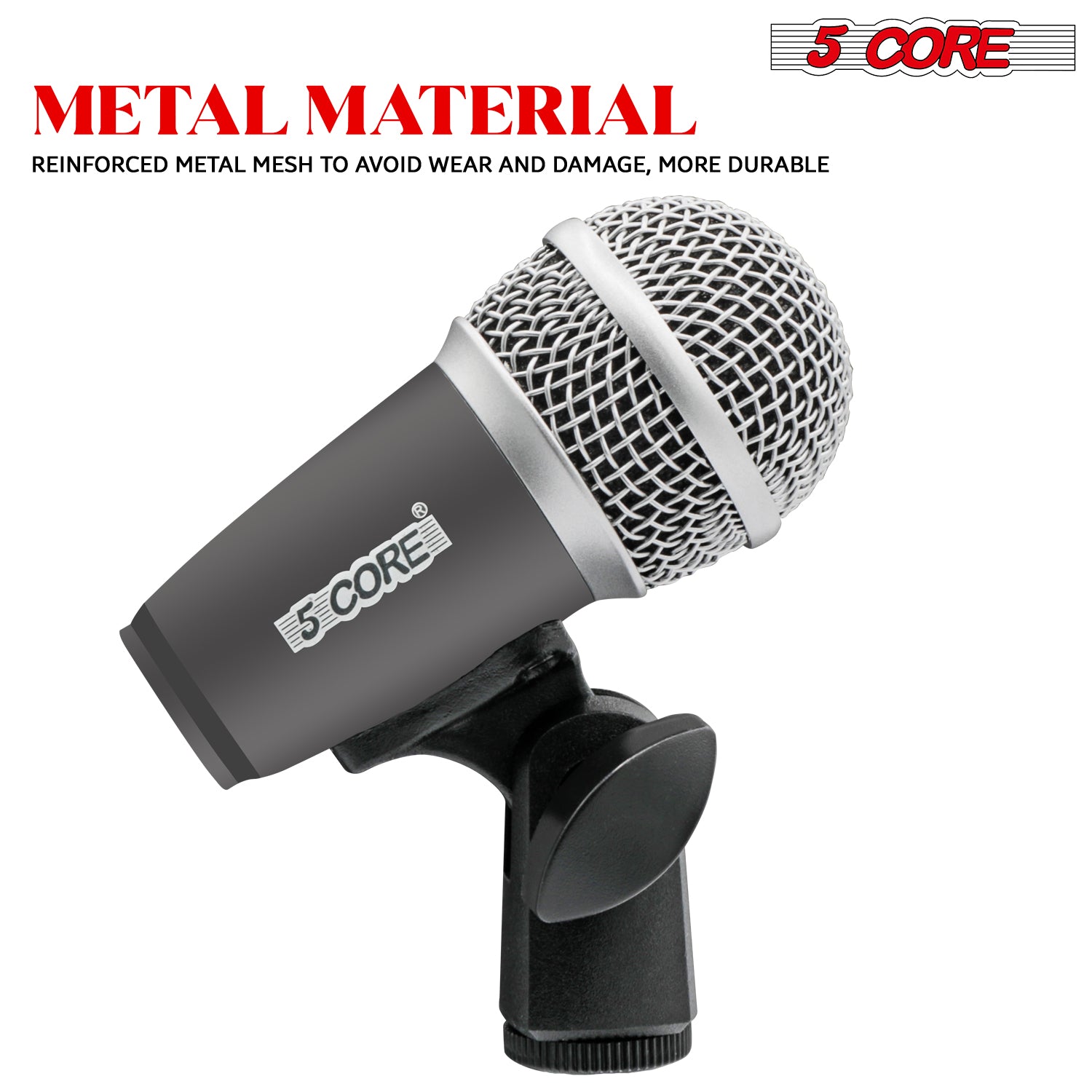 5 Core Drum Mic Kit featuring 7 dynamic microphones for kick, bass, tom, and snare, with a convenient carry case.