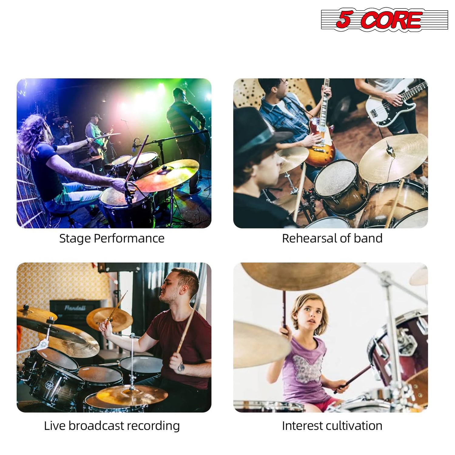 5 Core Drum Mic Kit featuring 7 dynamic microphones for kick, bass, tom, and snare, with a convenient carry case.