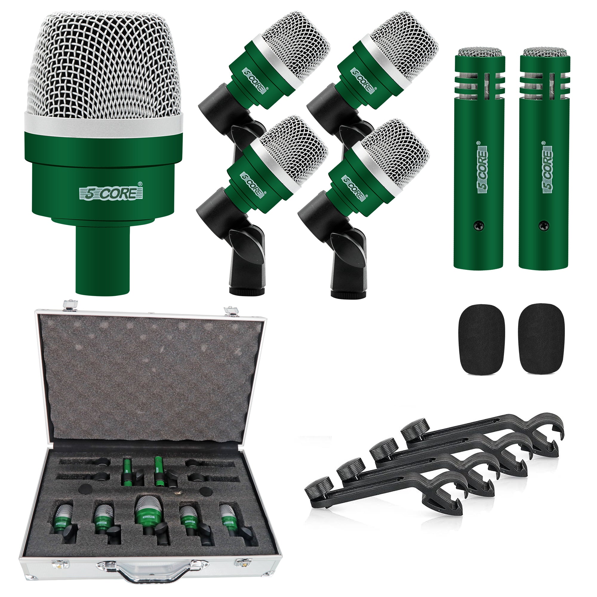 5 Core Drum Mic Kit featuring 7 dynamic microphones for kick, bass, tom, and snare drums, all in a convenient carry case.