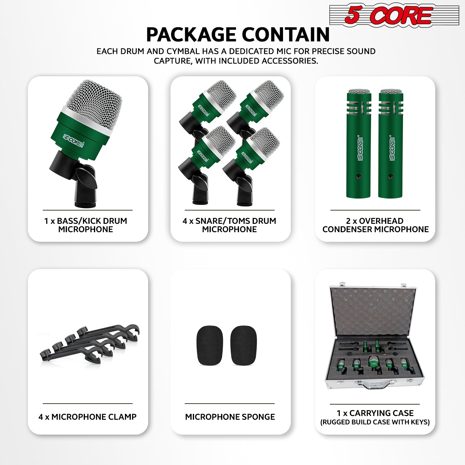 5 Core Drum Mic Kit featuring 7 dynamic microphones for kick, bass, tom, and snare drums, all in a convenient carry case.