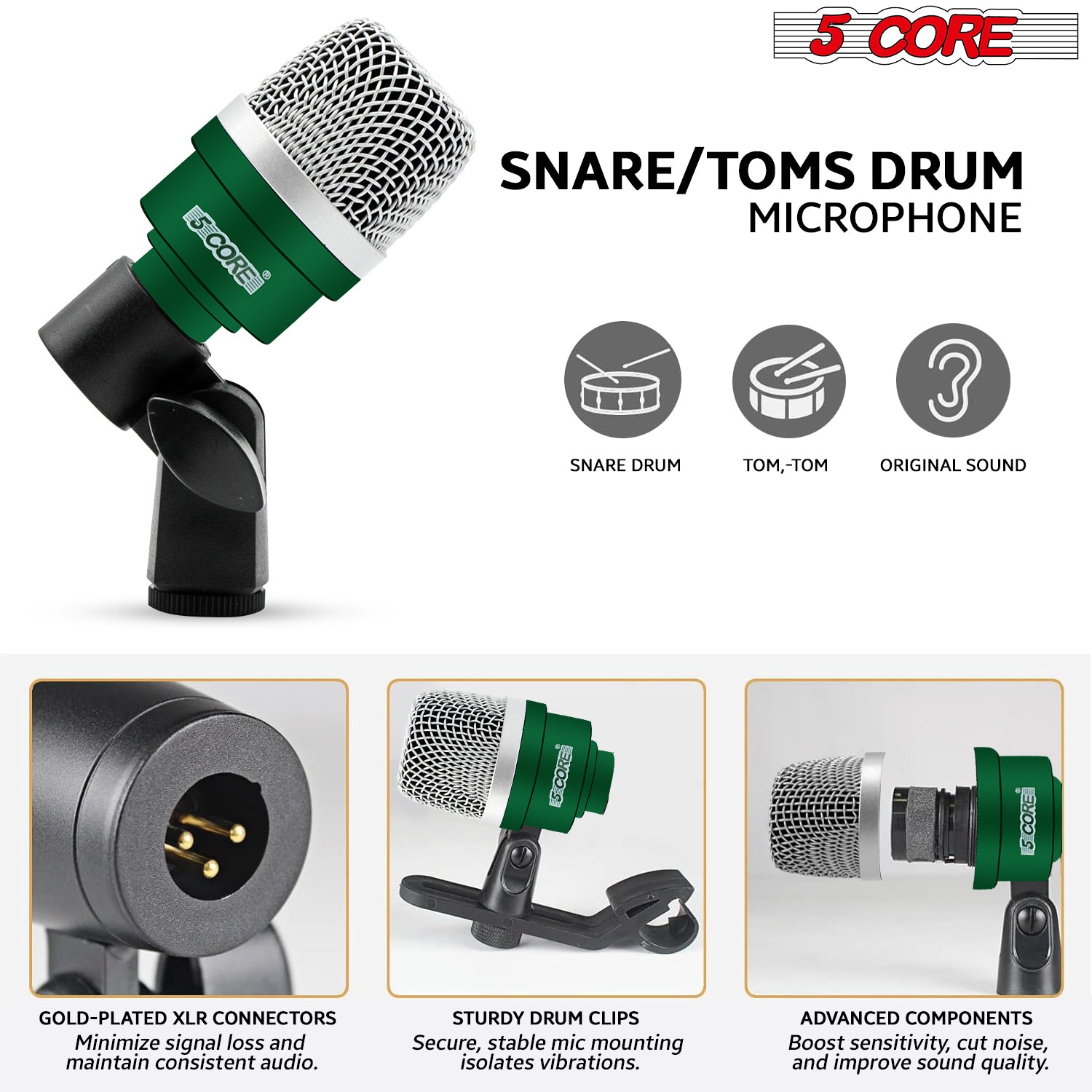 5 Core Drum Mic Kit featuring 7 dynamic microphones for kick, bass, tom, and snare drums, all in a convenient carry case.