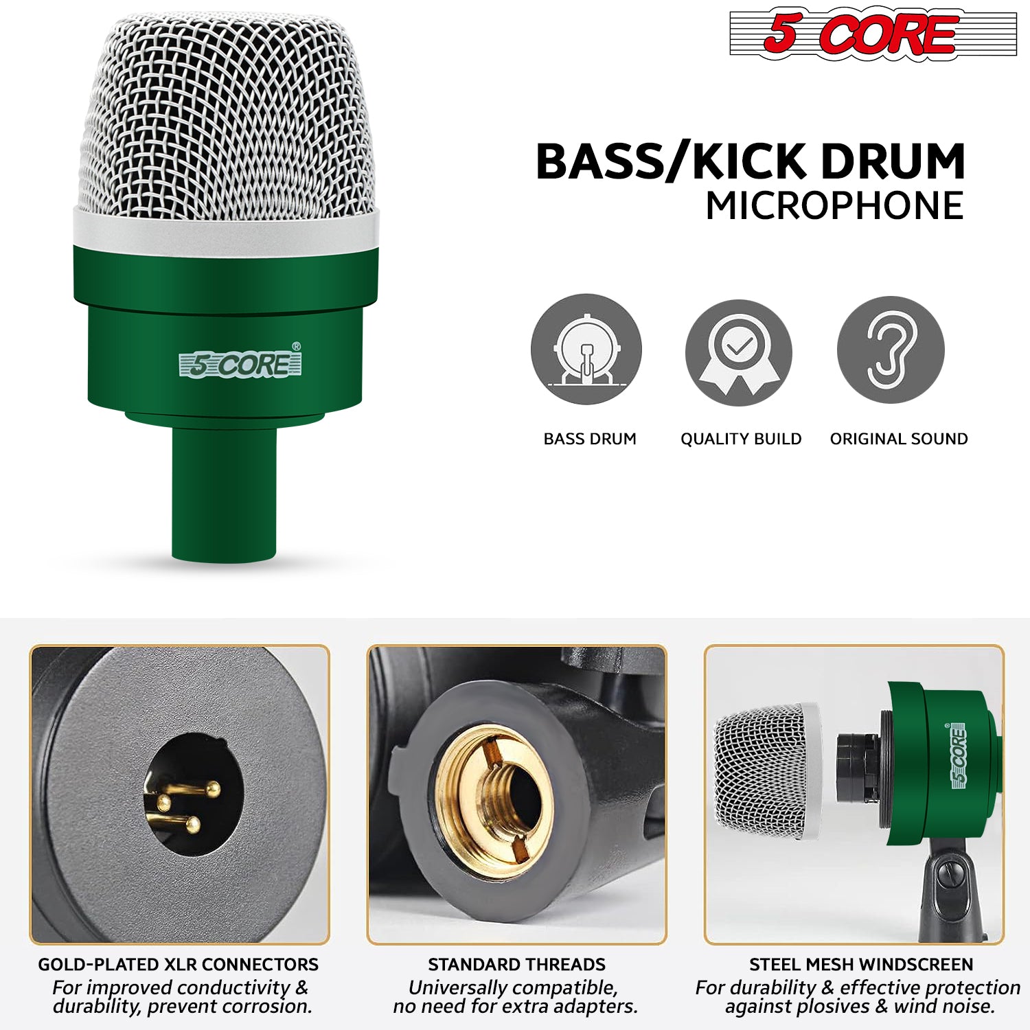 5 Core Drum Mic Kit featuring 7 dynamic microphones for kick, bass, tom, and snare drums, all in a convenient carry case.