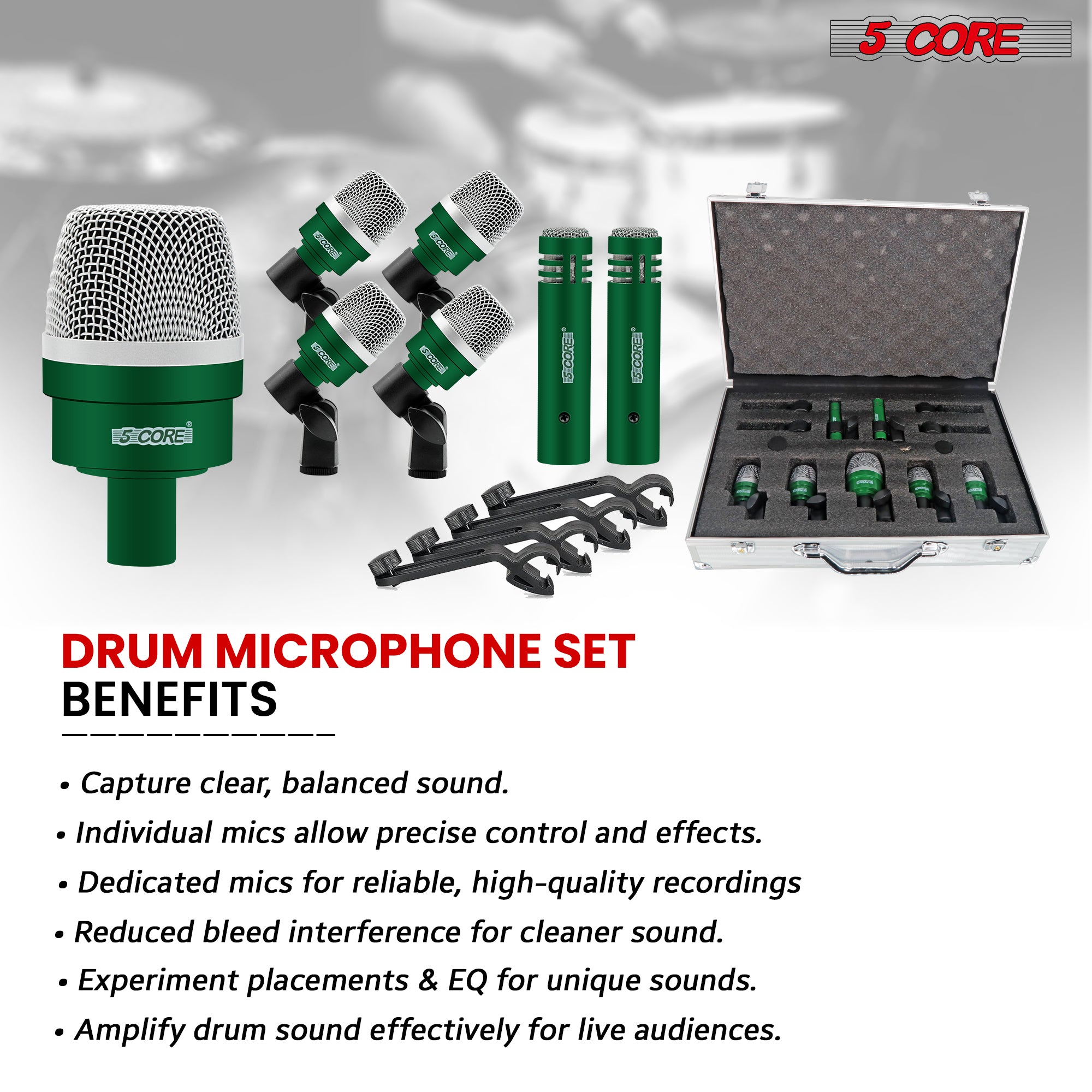 5 Core Drum Mic Kit featuring 7 dynamic microphones for kick, bass, tom, and snare drums, all in a convenient carry case.