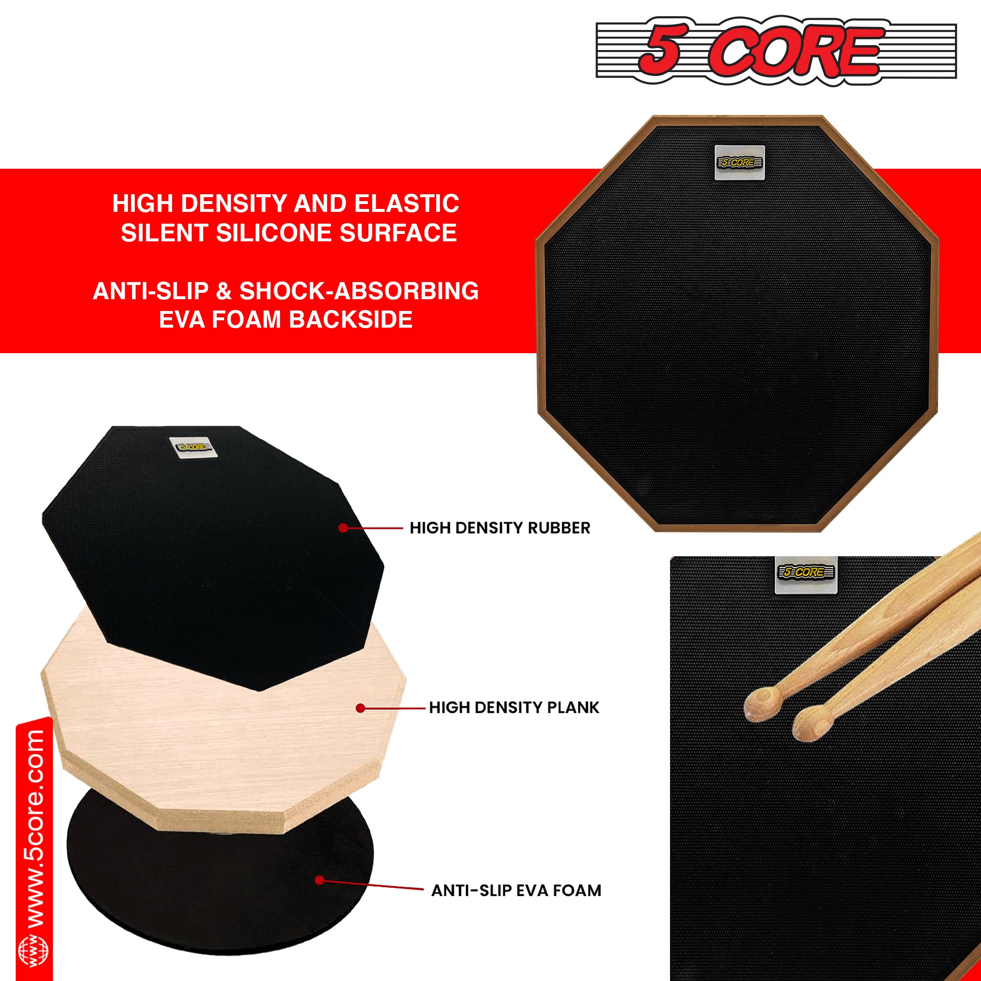 5 Core Drum Practice Pad Set featuring a 12" adjustable snare stand, showcasing its durable design and realistic drum feel.