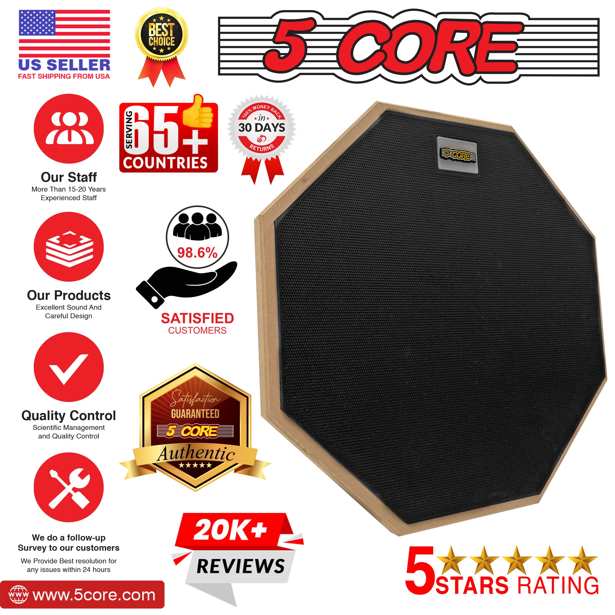 5 Core Drum Practice Pad Set featuring a 12" adjustable snare stand, showcasing its durable design and realistic drum feel.