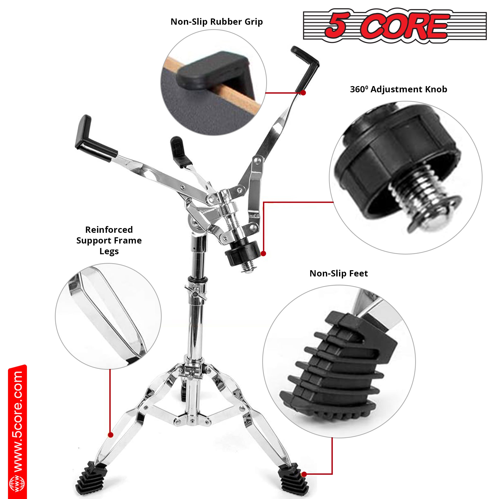 5 Core Drum Practice Pad Set featuring a 12" adjustable snare stand, showcasing its durable design and realistic drum feel.