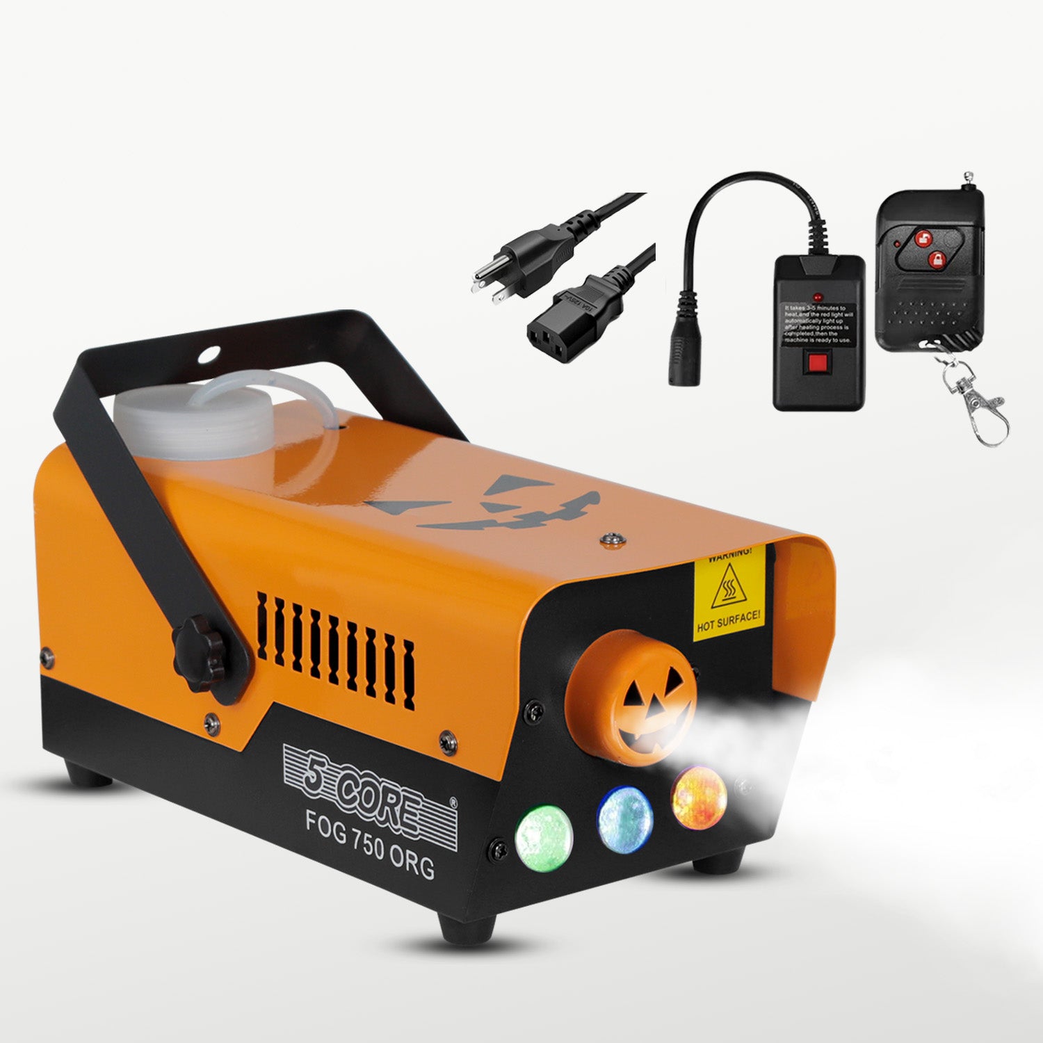 5 Core Fog Smoke Machine 750W with colorful LED lights, designed for creating low-lying fog for events.