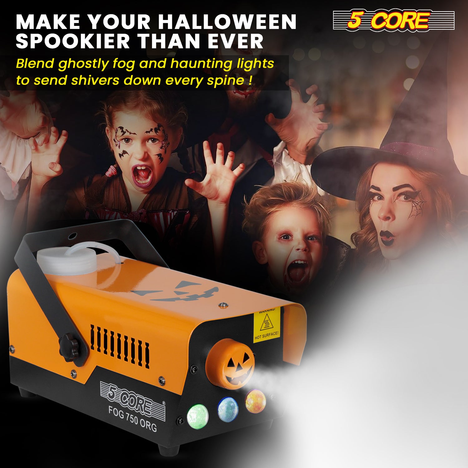5 Core Fog Smoke Machine 750W with colorful LED lights, designed for creating low-lying fog for events.