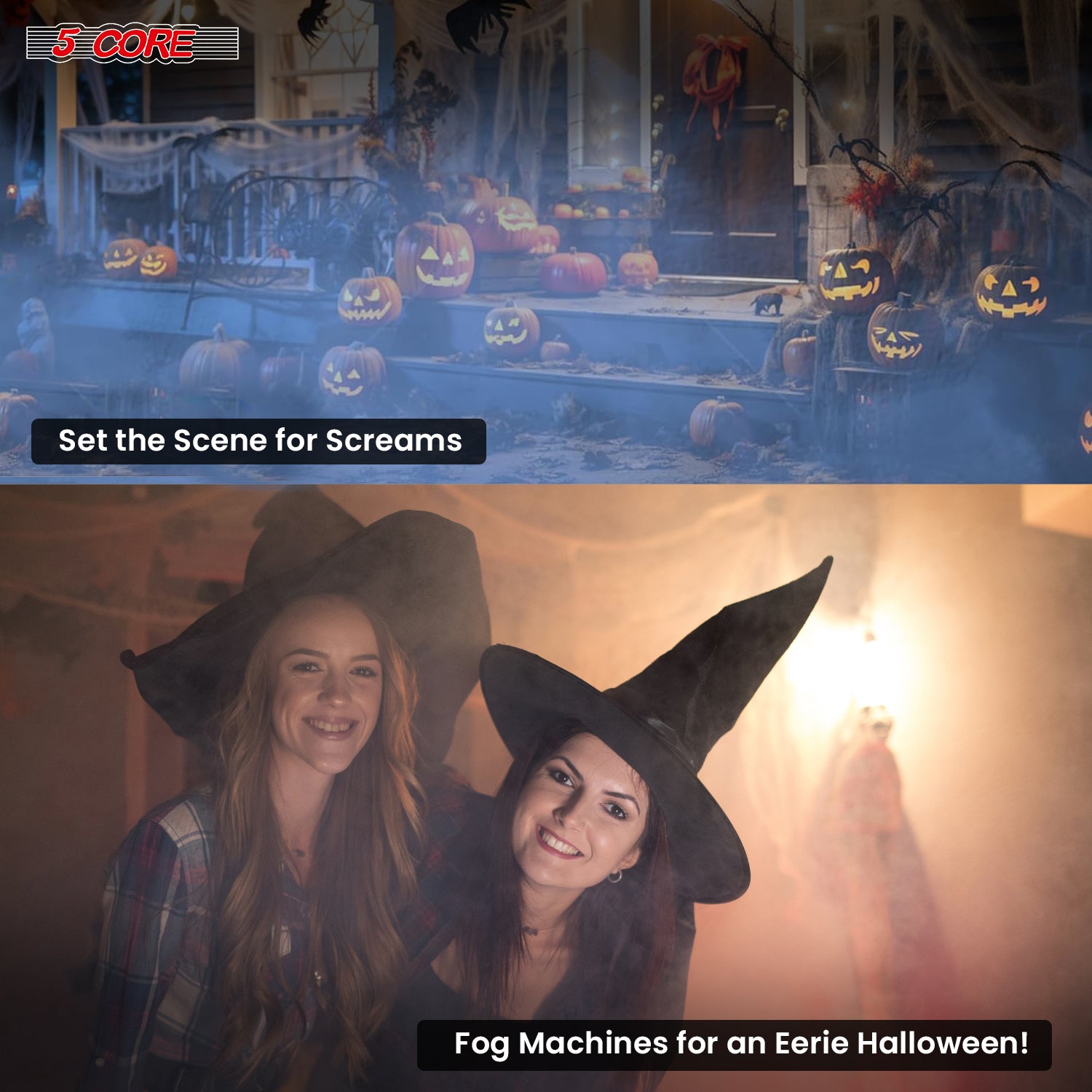 5 Core Fog Smoke Machine 750W with colorful LED lights, designed for creating low-lying fog for events.