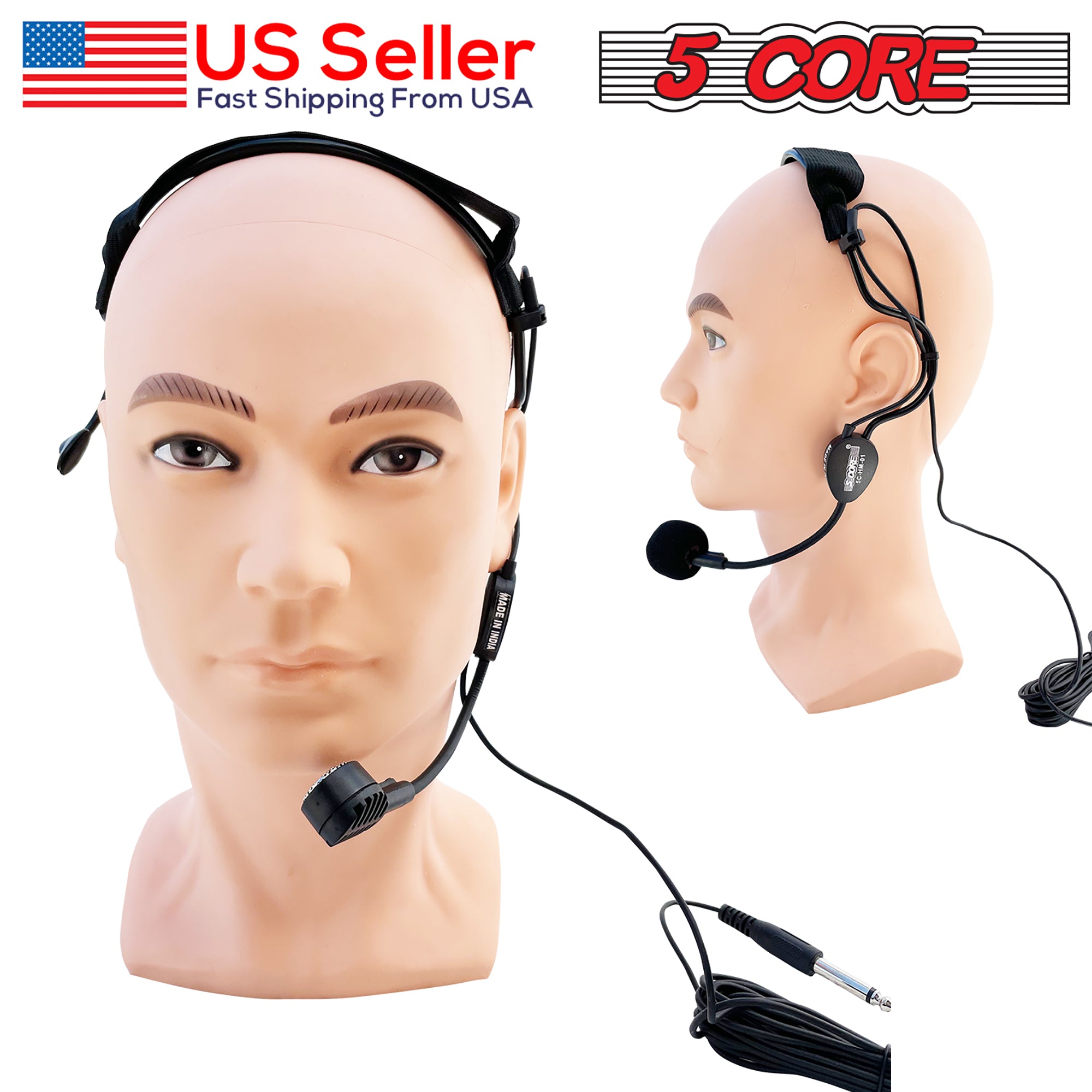 5 Core Headset Microphone with flexible boom, designed for professional use, showcasing its durable construction and comfortable fit.