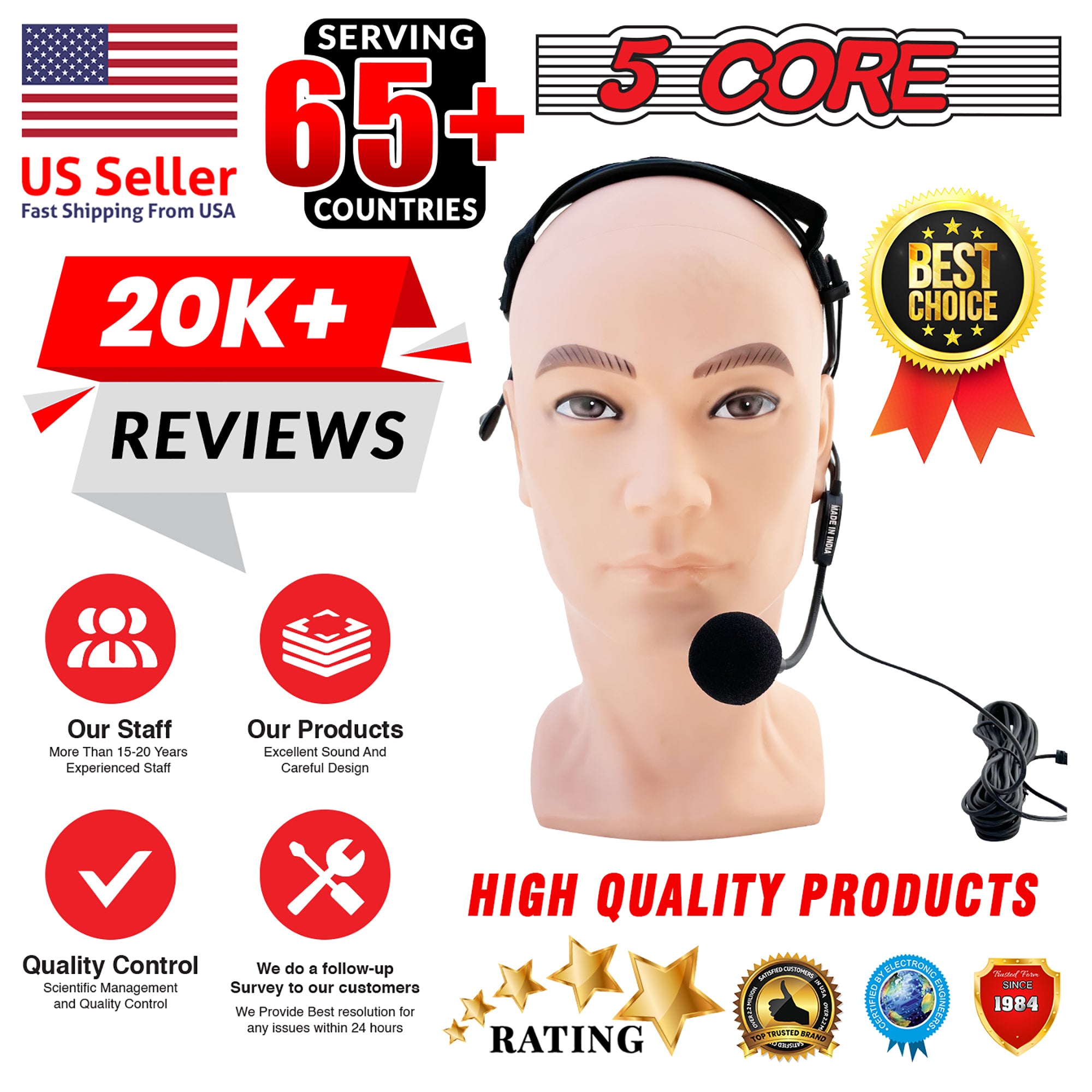5 Core Headset Microphone with flexible boom, designed for professional use, showcasing its durable construction and comfortable fit.