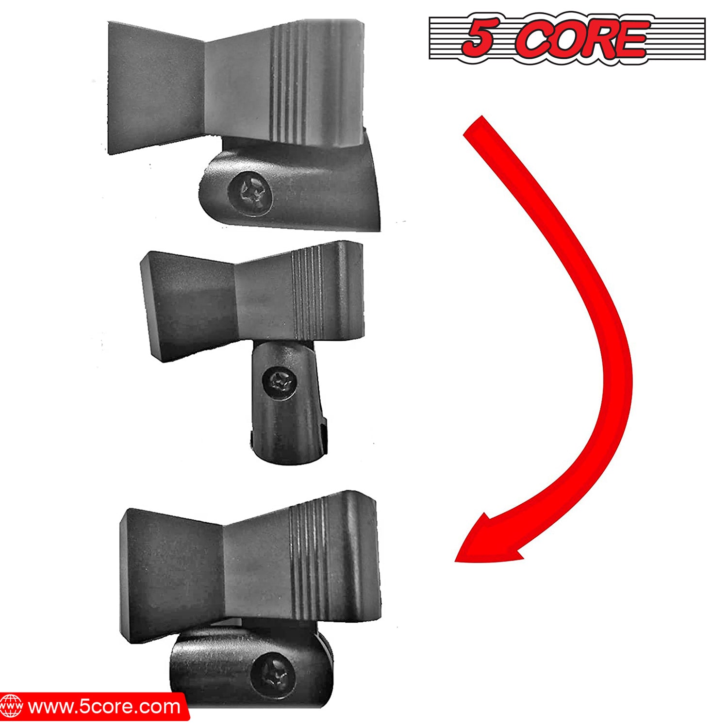 Five Core Microphone Clip Holders with screw adapters, showcasing durable ABS and metal construction, designed for secure microphone placement.