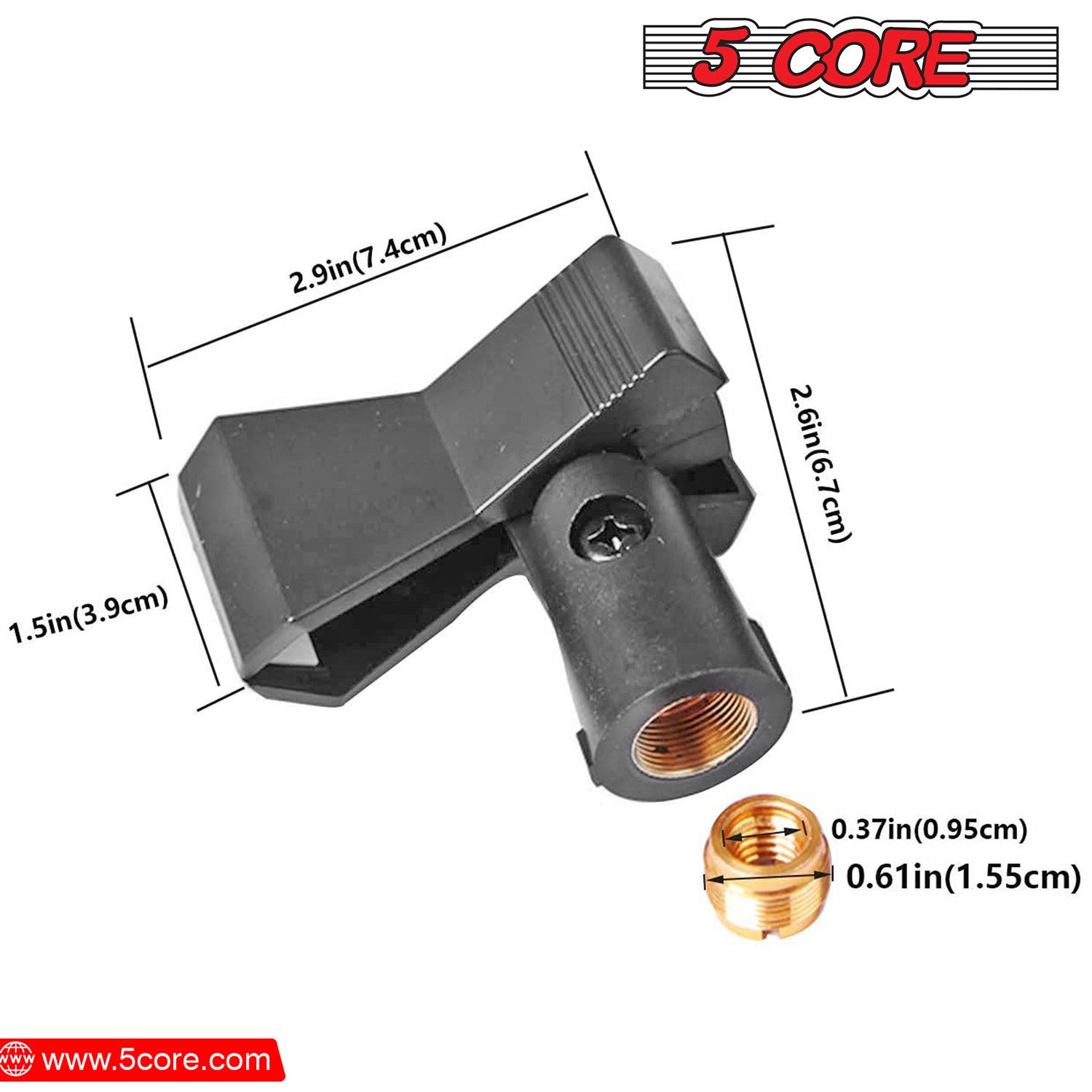 Five Core Microphone Clip Holders with screw adapters, showcasing durable ABS and metal construction, designed for secure microphone placement.