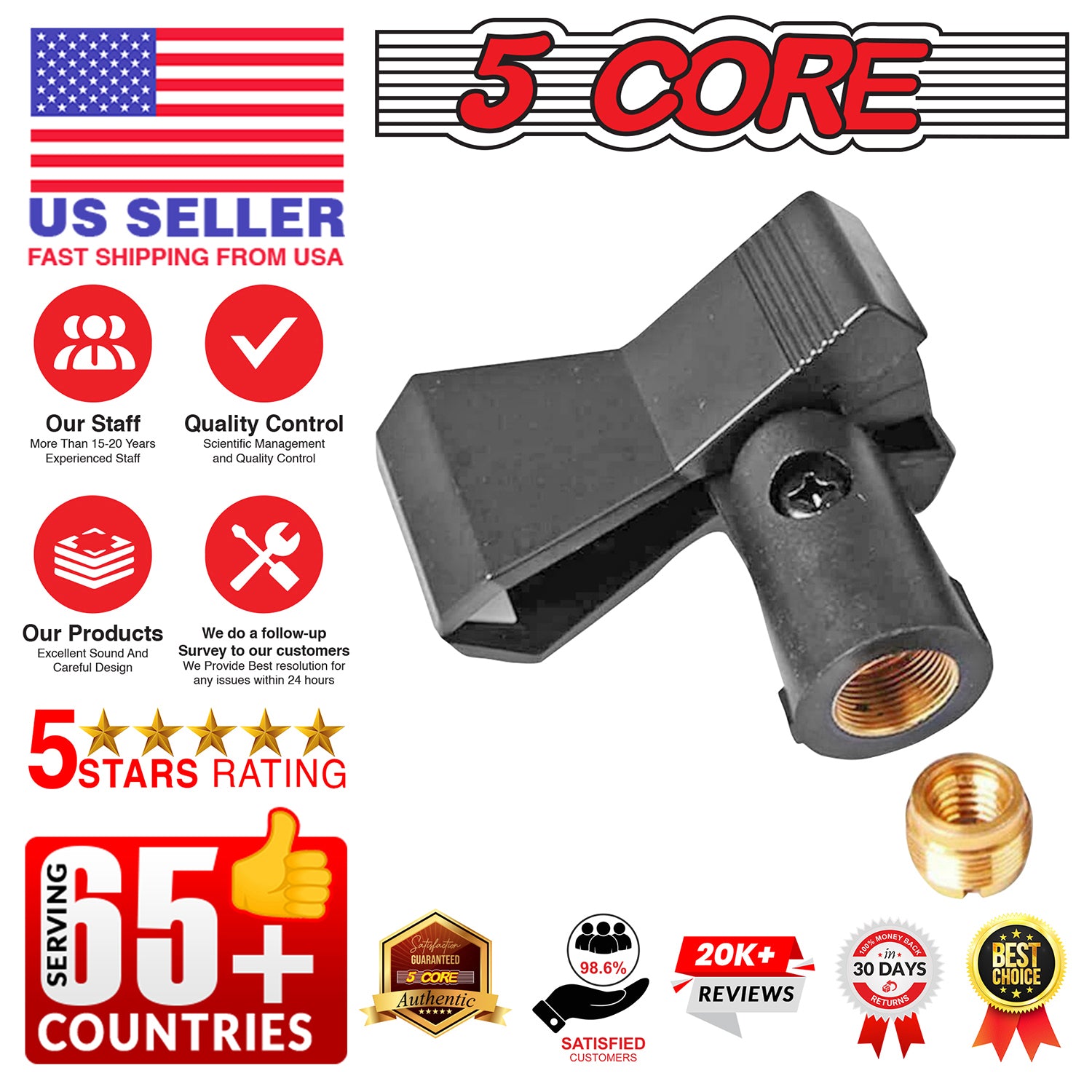 Five Core Microphone Clip Holders with screw adapters, showcasing durable ABS and metal construction, designed for secure microphone placement.