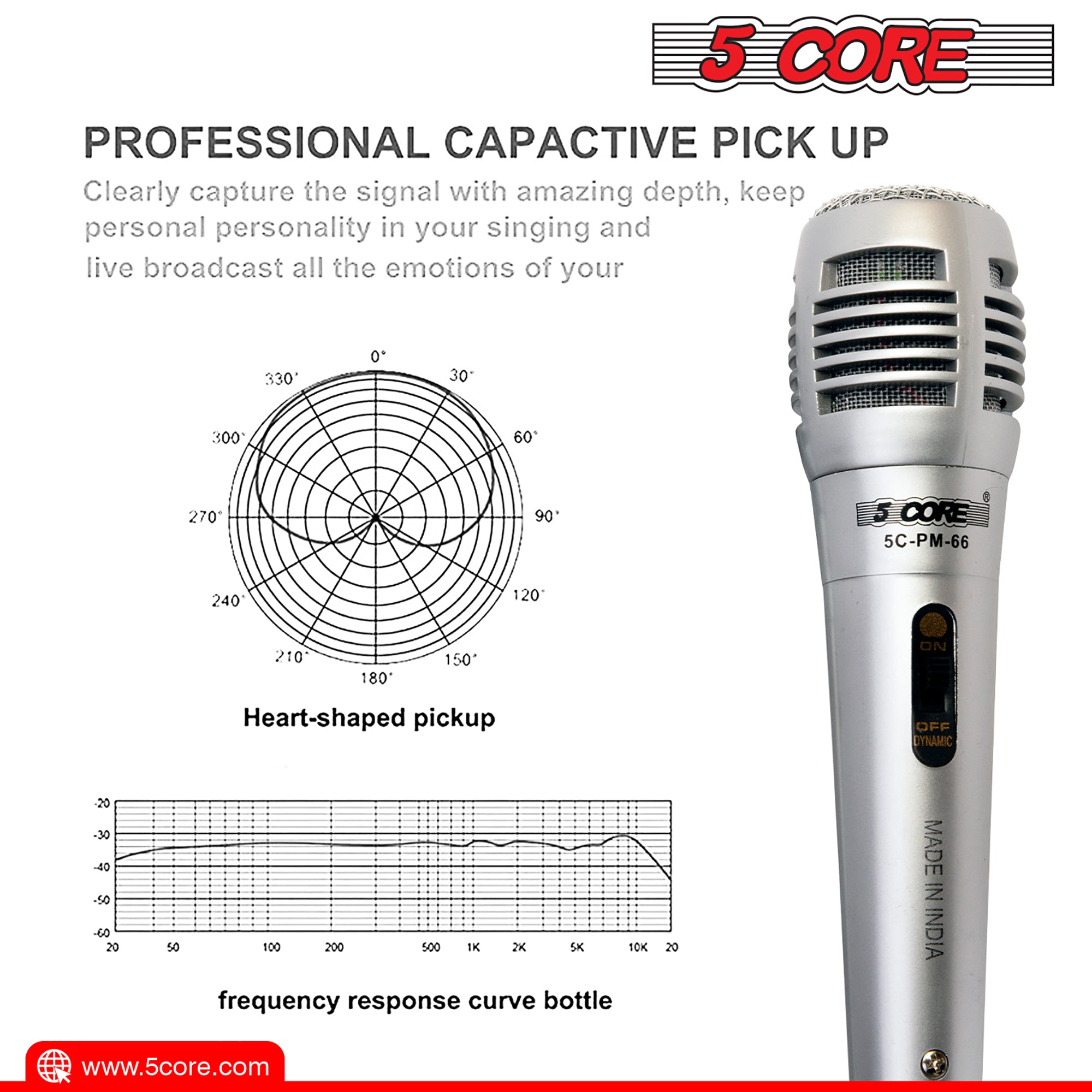 5 Core Cardioid XLR Microphone with XLR cable, designed for karaoke and professional singing, featuring rugged construction and a long cord.