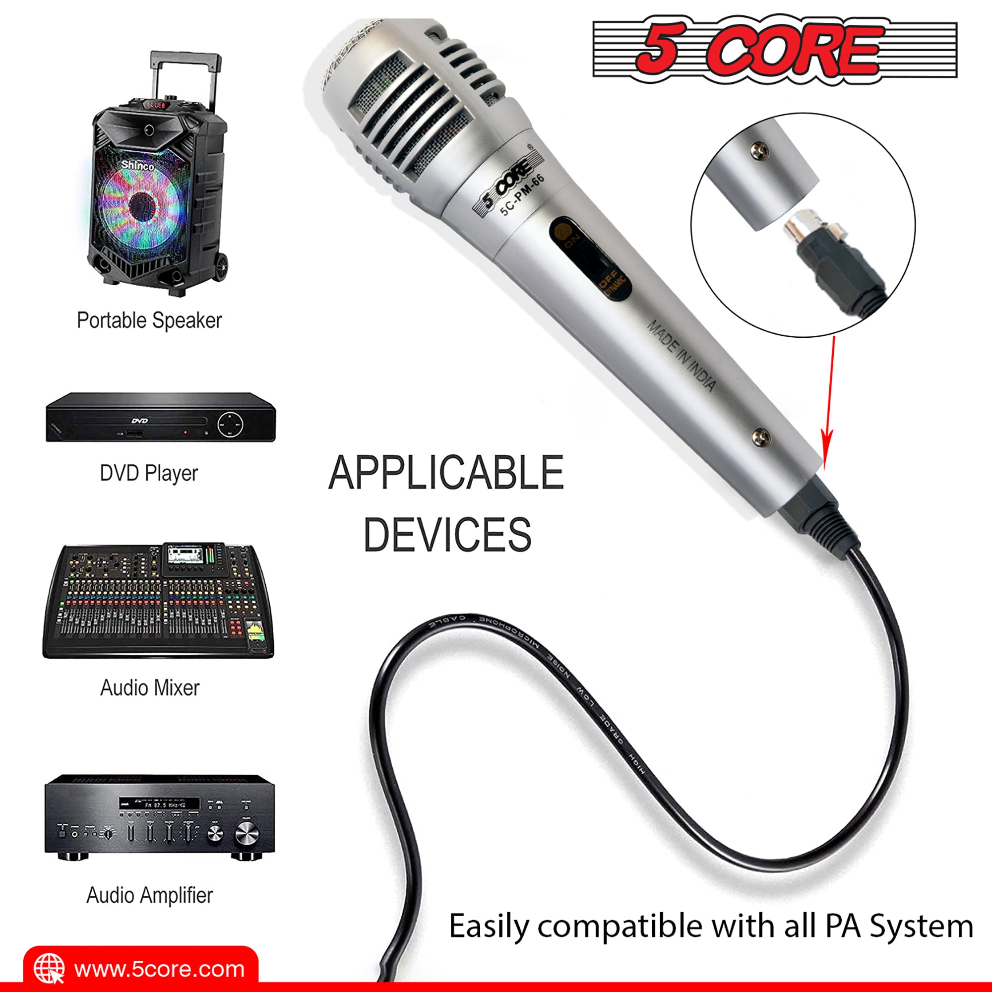 5 Core Cardioid XLR Microphone with XLR cable, designed for karaoke and professional singing, featuring rugged construction and a long cord.