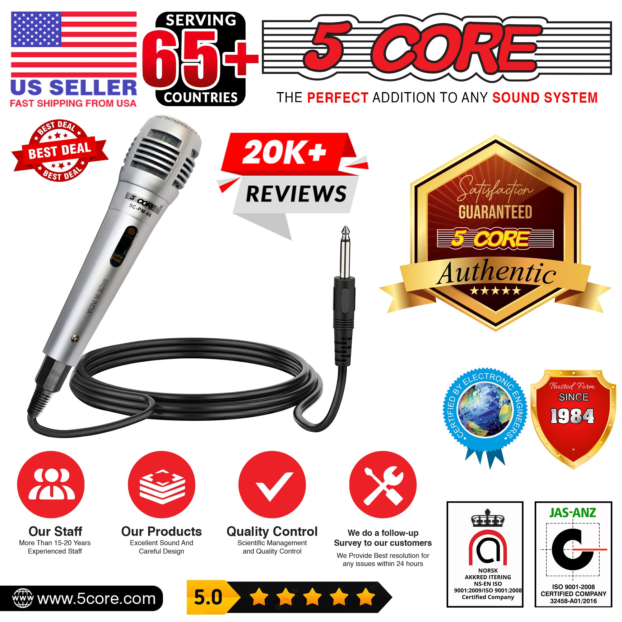 5 Core Cardioid XLR Microphone with XLR cable, designed for karaoke and professional singing, featuring rugged construction and a long cord.