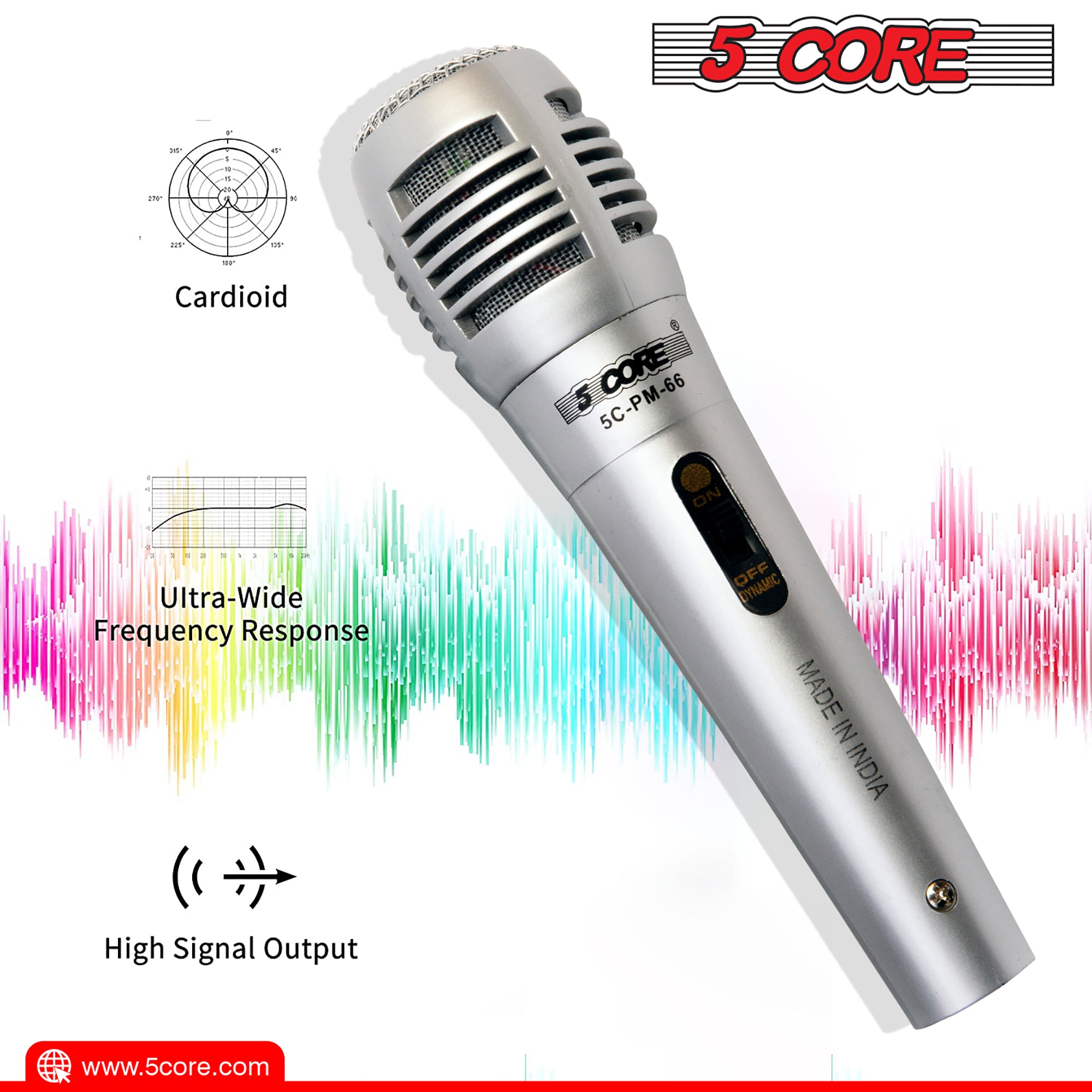 5 Core Cardioid XLR Microphone with XLR cable, designed for karaoke and professional singing, featuring rugged construction and a long cord.