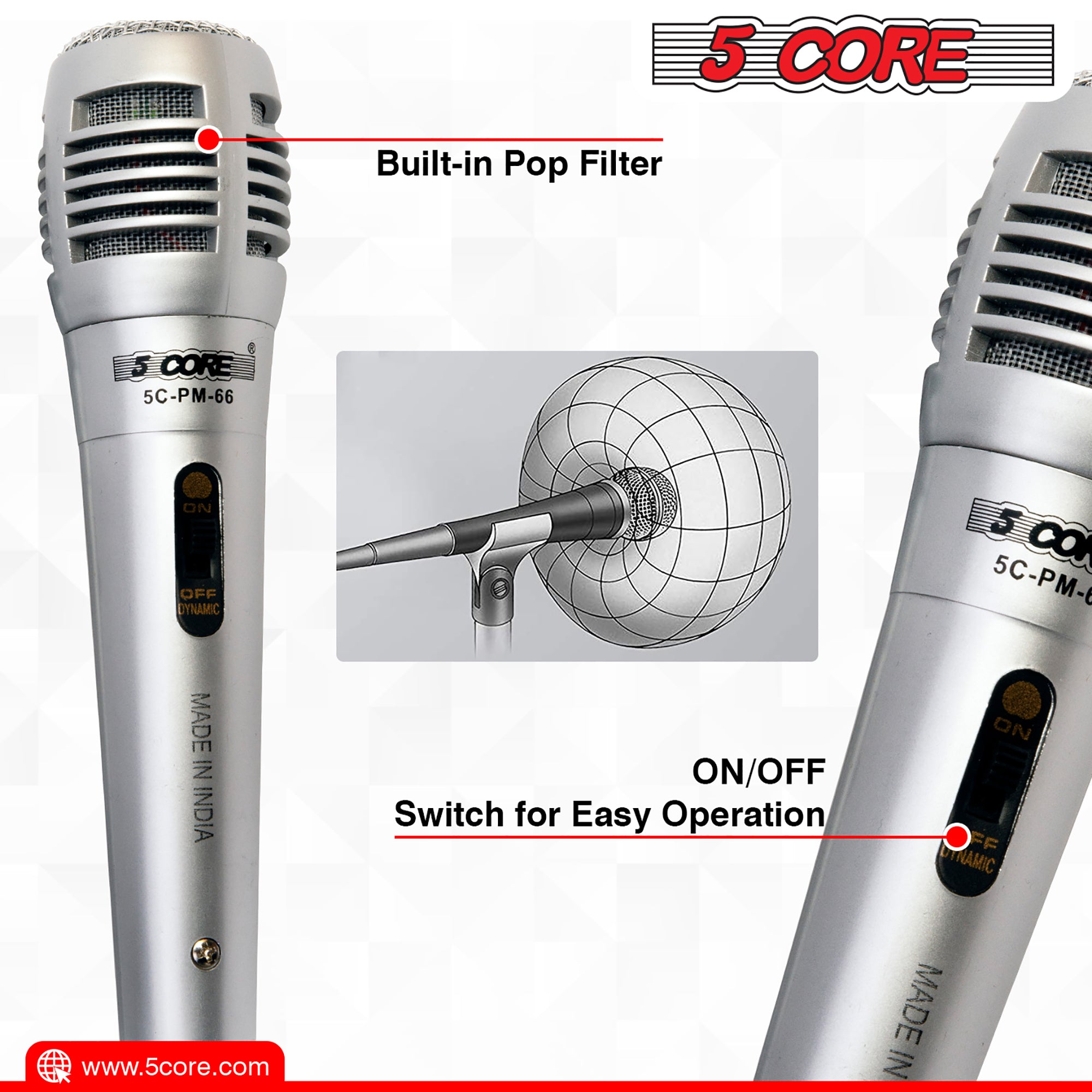 5 Core Cardioid XLR Microphone with XLR cable, designed for karaoke and professional singing, featuring rugged construction and a long cord.
