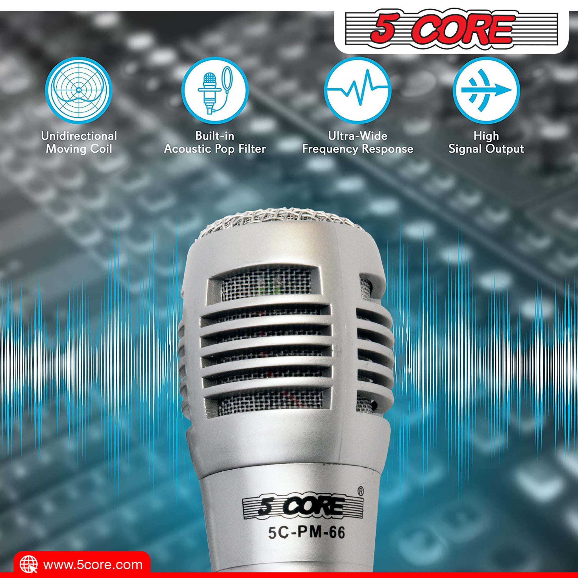 5 Core Cardioid XLR Microphone with XLR cable, designed for karaoke and professional singing, featuring rugged construction and a long cord.