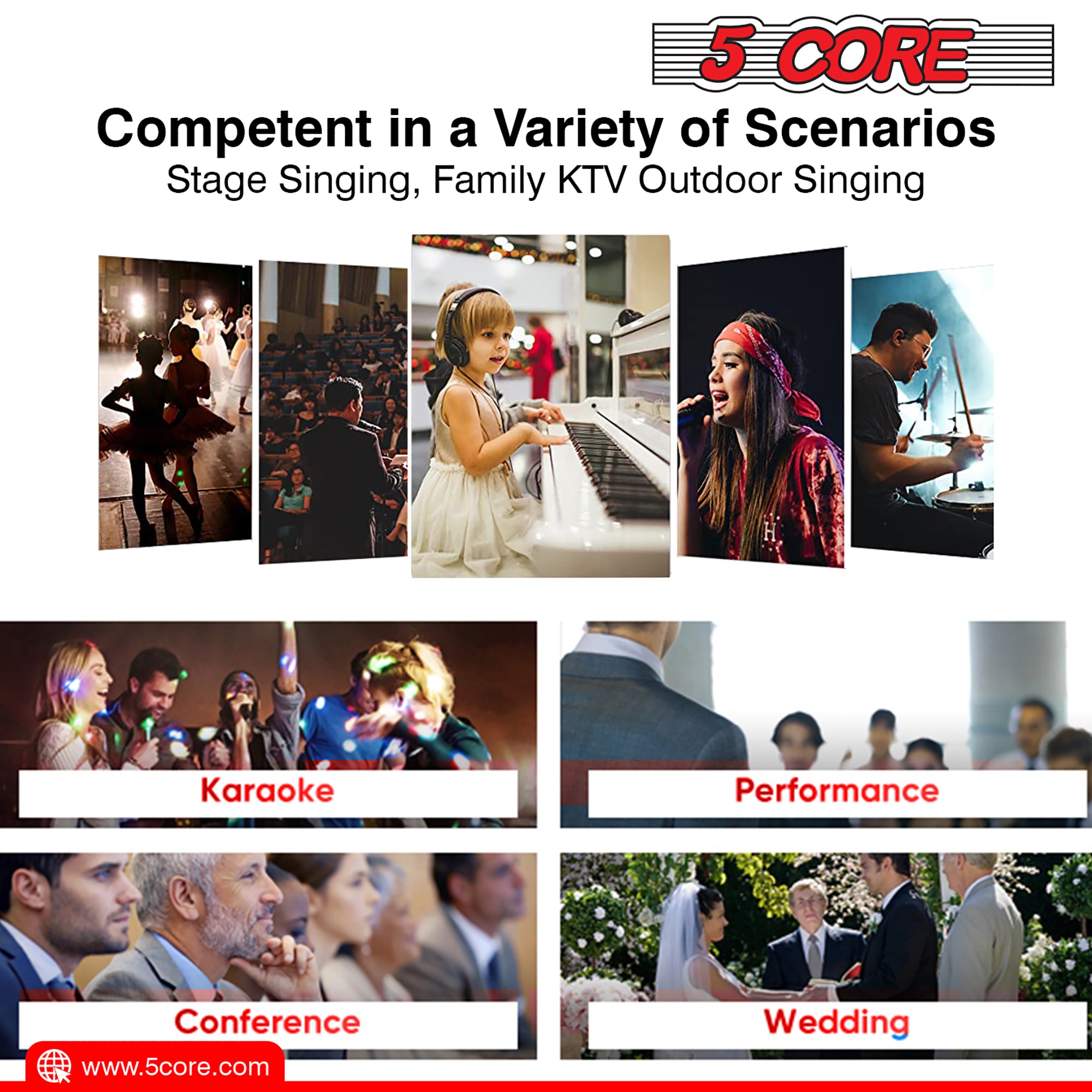 5 Core Cardioid XLR Microphone with XLR cable, designed for karaoke and professional singing, featuring rugged construction and a long cord.