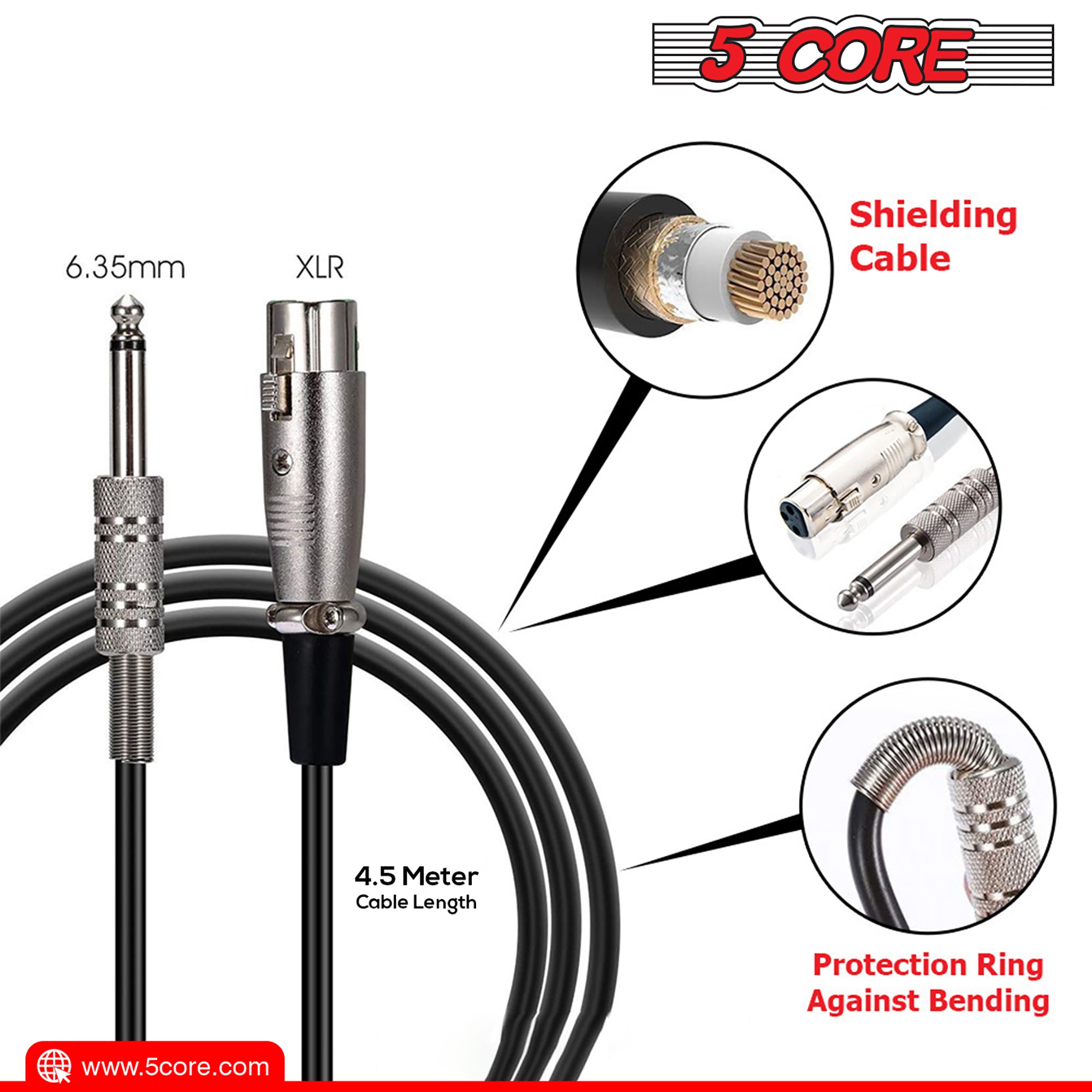 5 Core Cardioid XLR Microphone with XLR cable, designed for karaoke and professional singing, featuring rugged construction and a long cord.