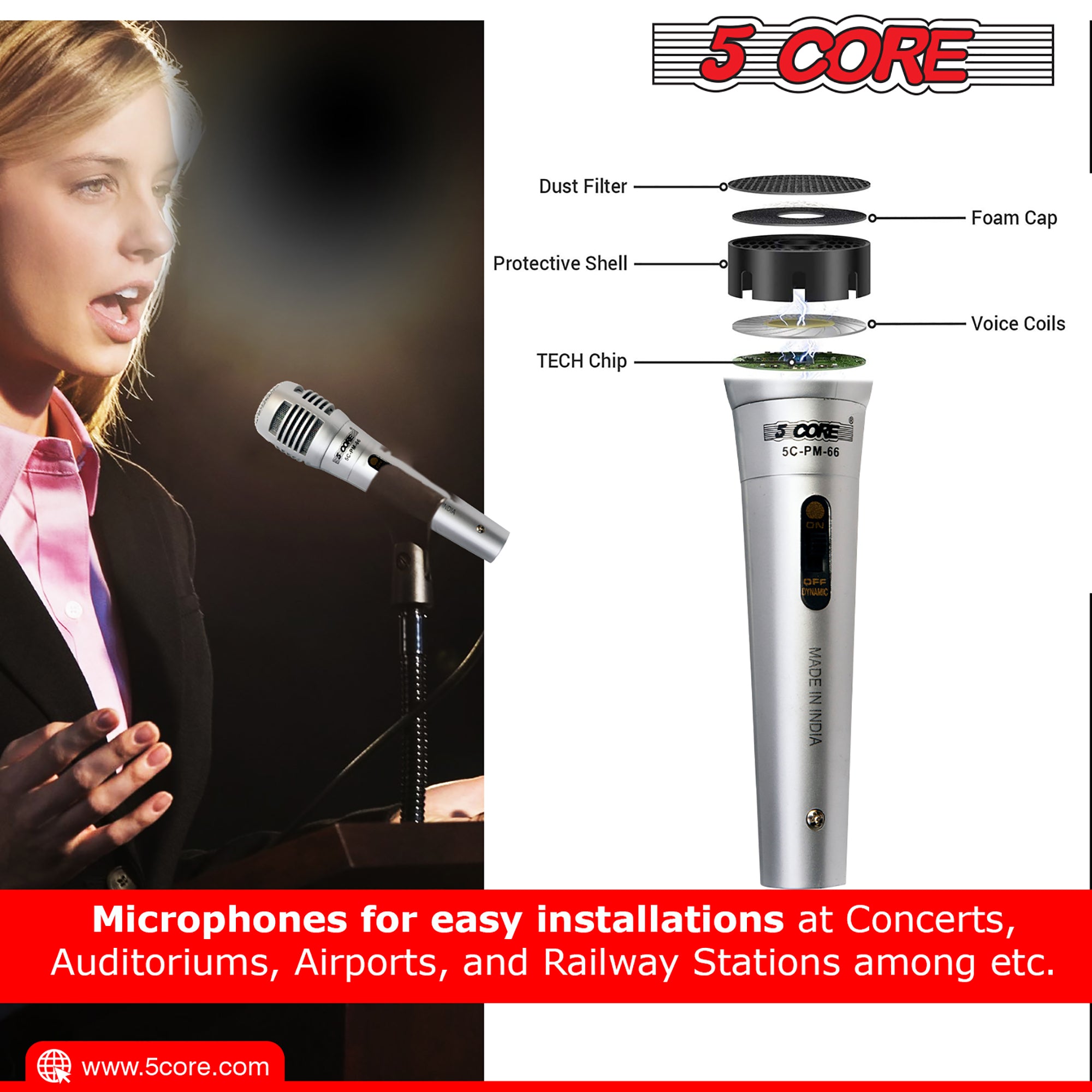 5 Core Cardioid XLR Microphone with XLR cable, designed for karaoke and professional singing, featuring rugged construction and a long cord.