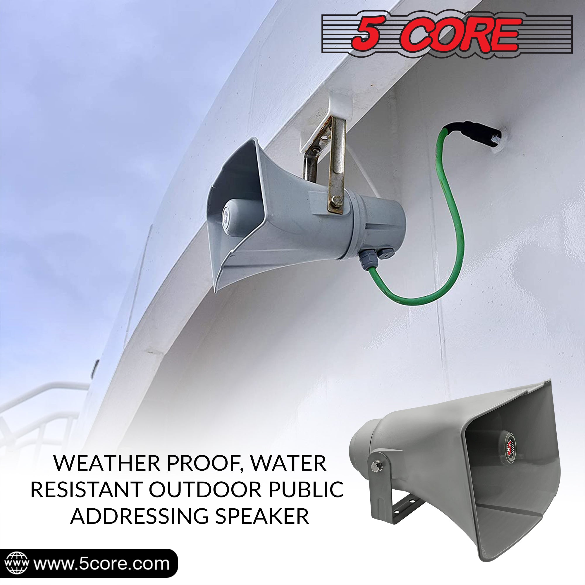 5 Core PA Horn Speaker showcasing its robust design and waterproof features, ideal for outdoor use.