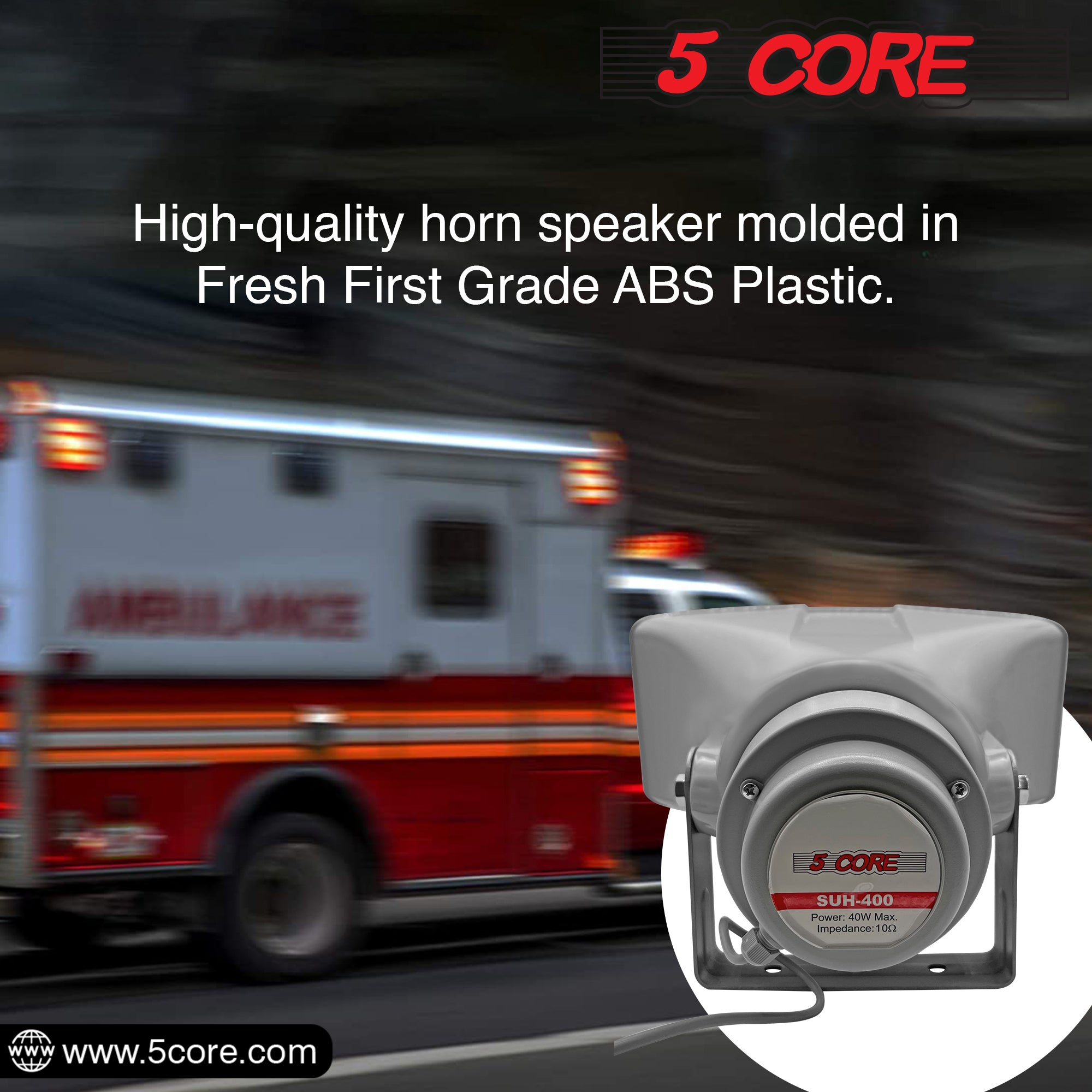 5 Core PA Horn Speaker showcasing its robust design and waterproof features, ideal for outdoor use.