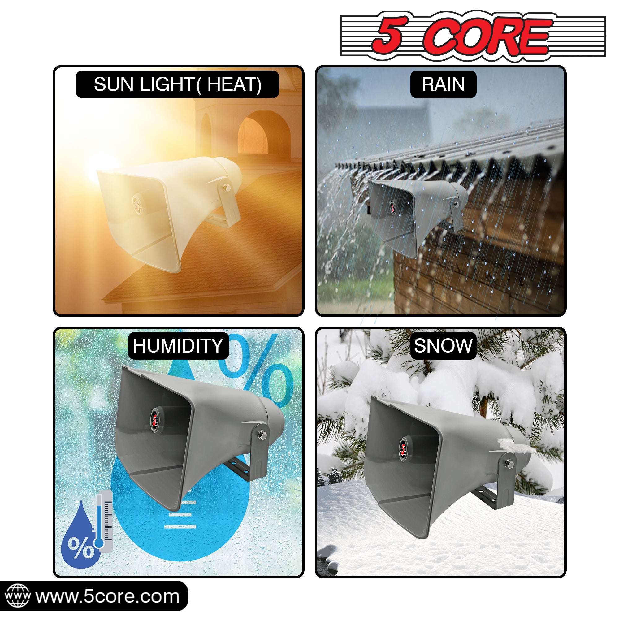 5 Core PA Horn Speaker showcasing its robust design and waterproof features, ideal for outdoor use.