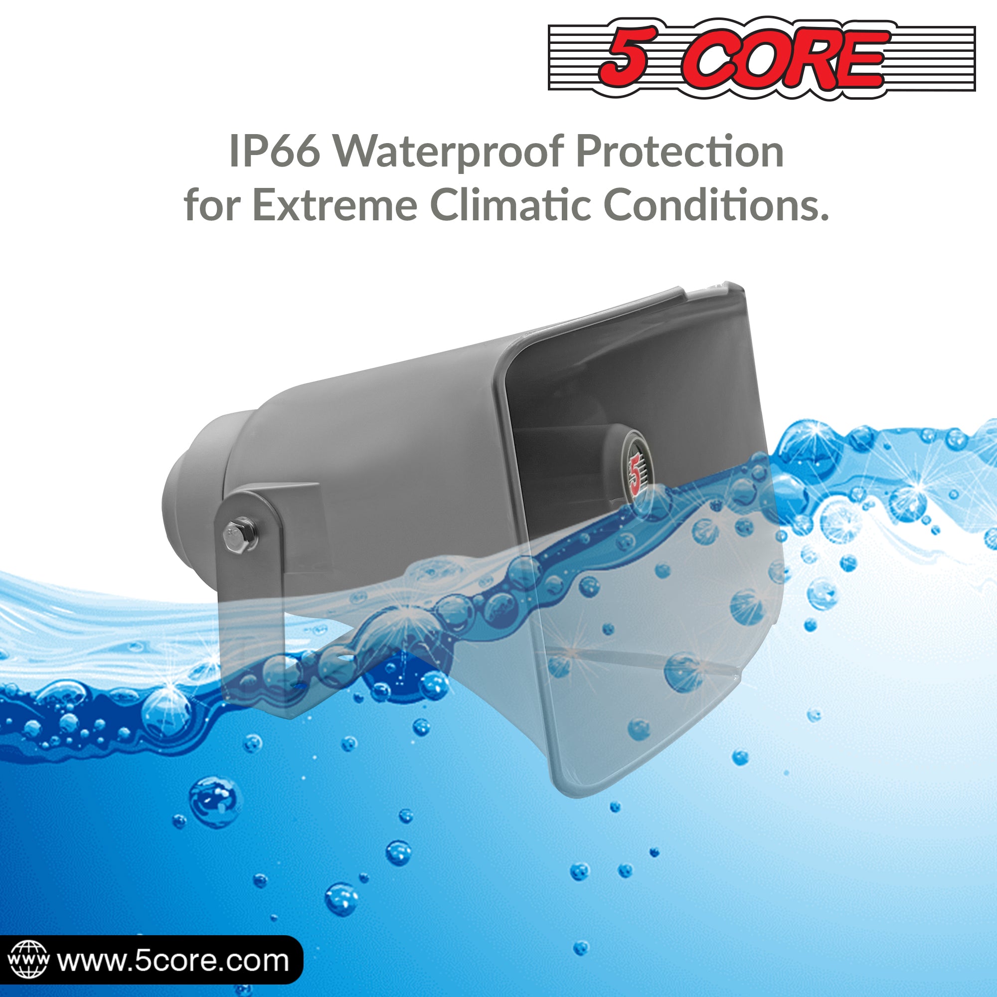 5 Core PA Horn Speaker showcasing its robust design and waterproof features, ideal for outdoor use.