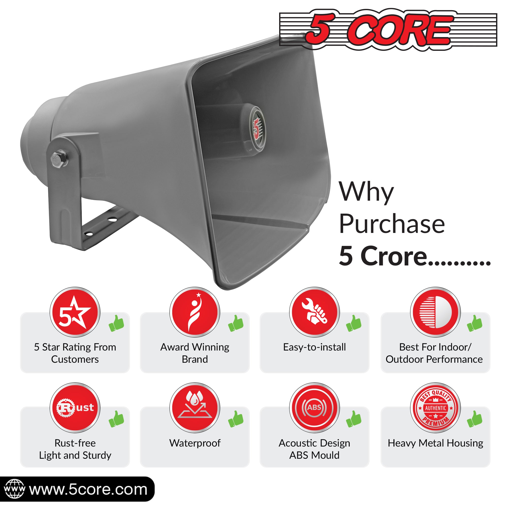 5 Core PA Horn Speaker showcasing its robust design and waterproof features, ideal for outdoor use.