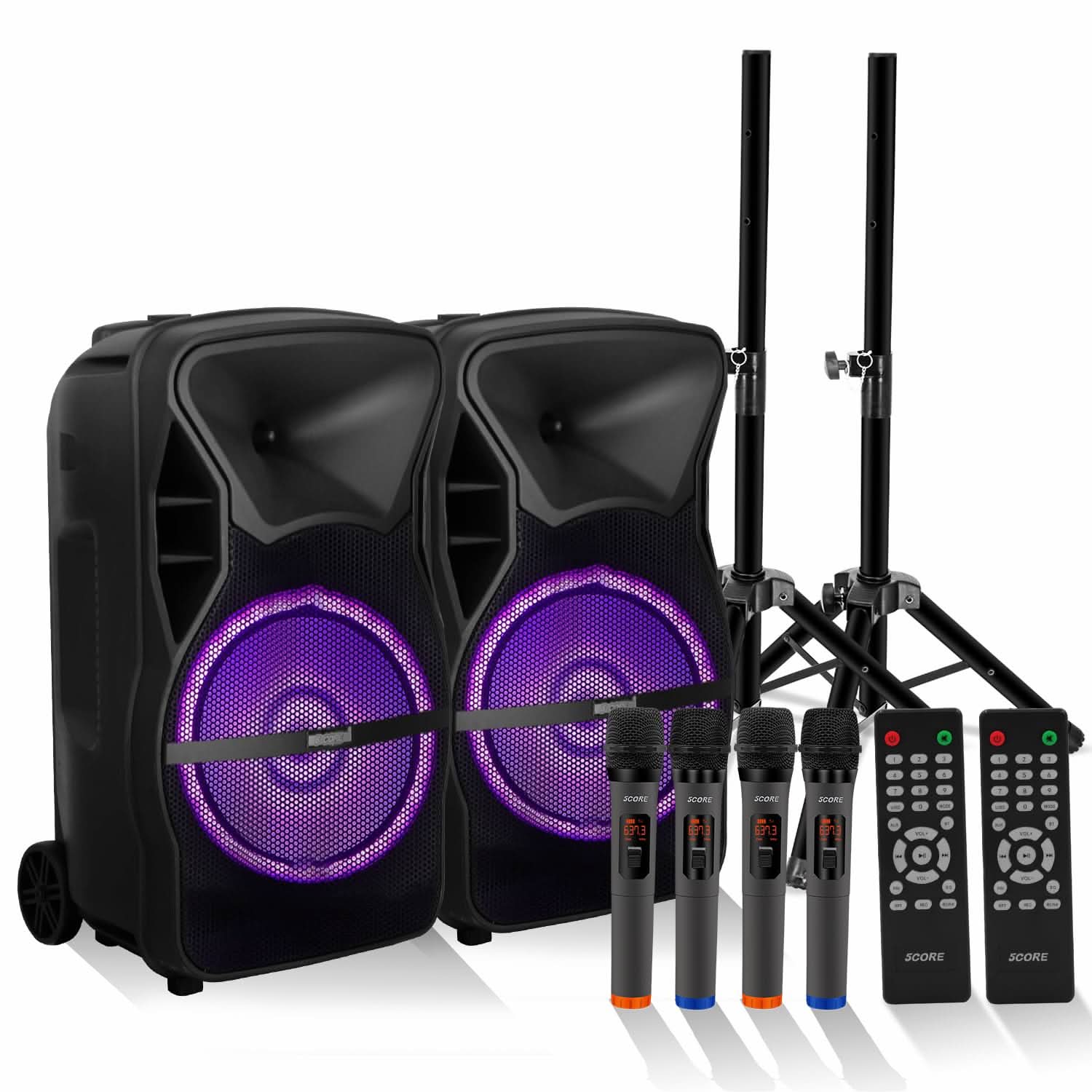 5 CORE TWS Pair Bluetooth Party Speakers with retractable handle and wheels, designed for portable karaoke and PA system use.