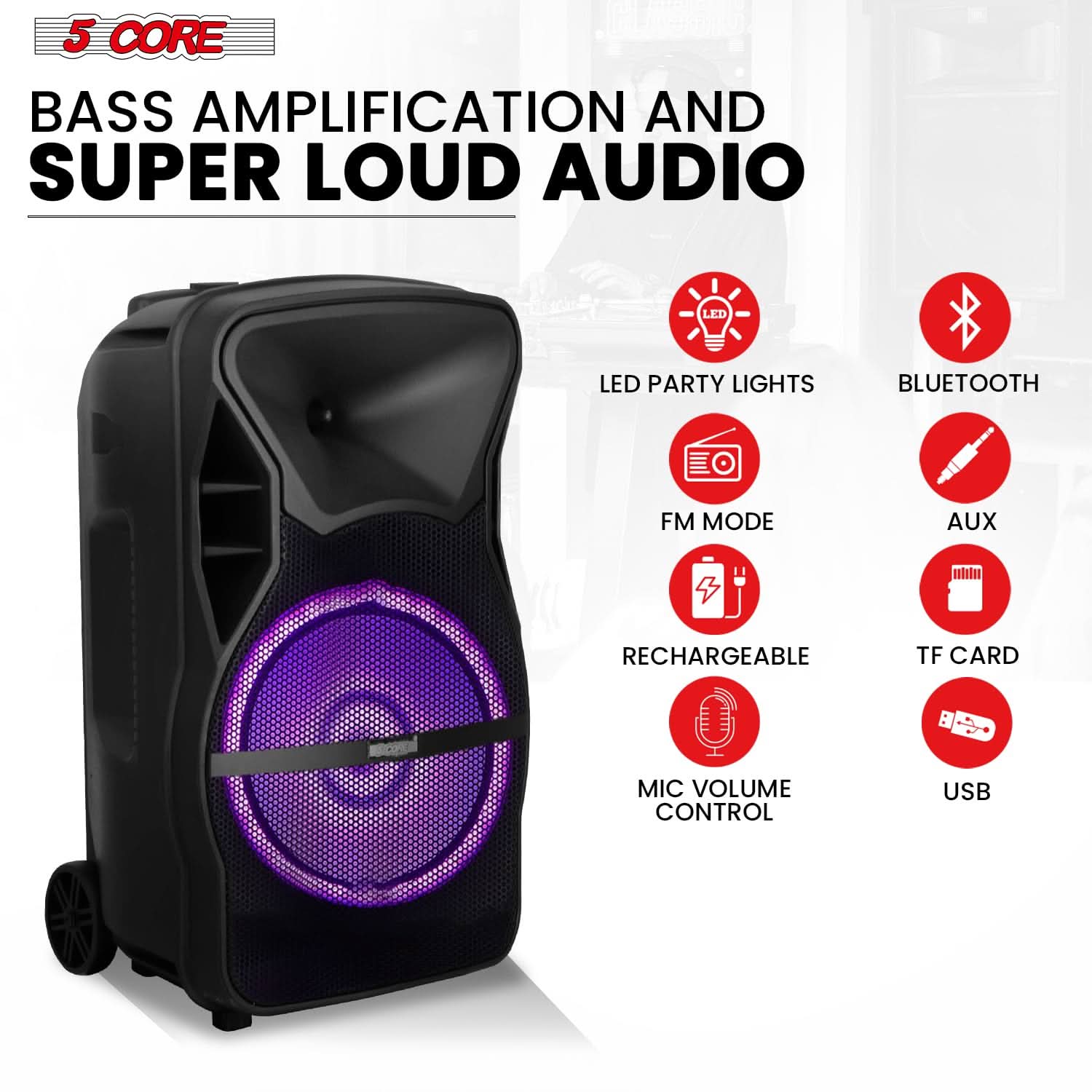 5 CORE TWS Pair Bluetooth Party Speakers with retractable handle and wheels, designed for portable karaoke and PA system use.