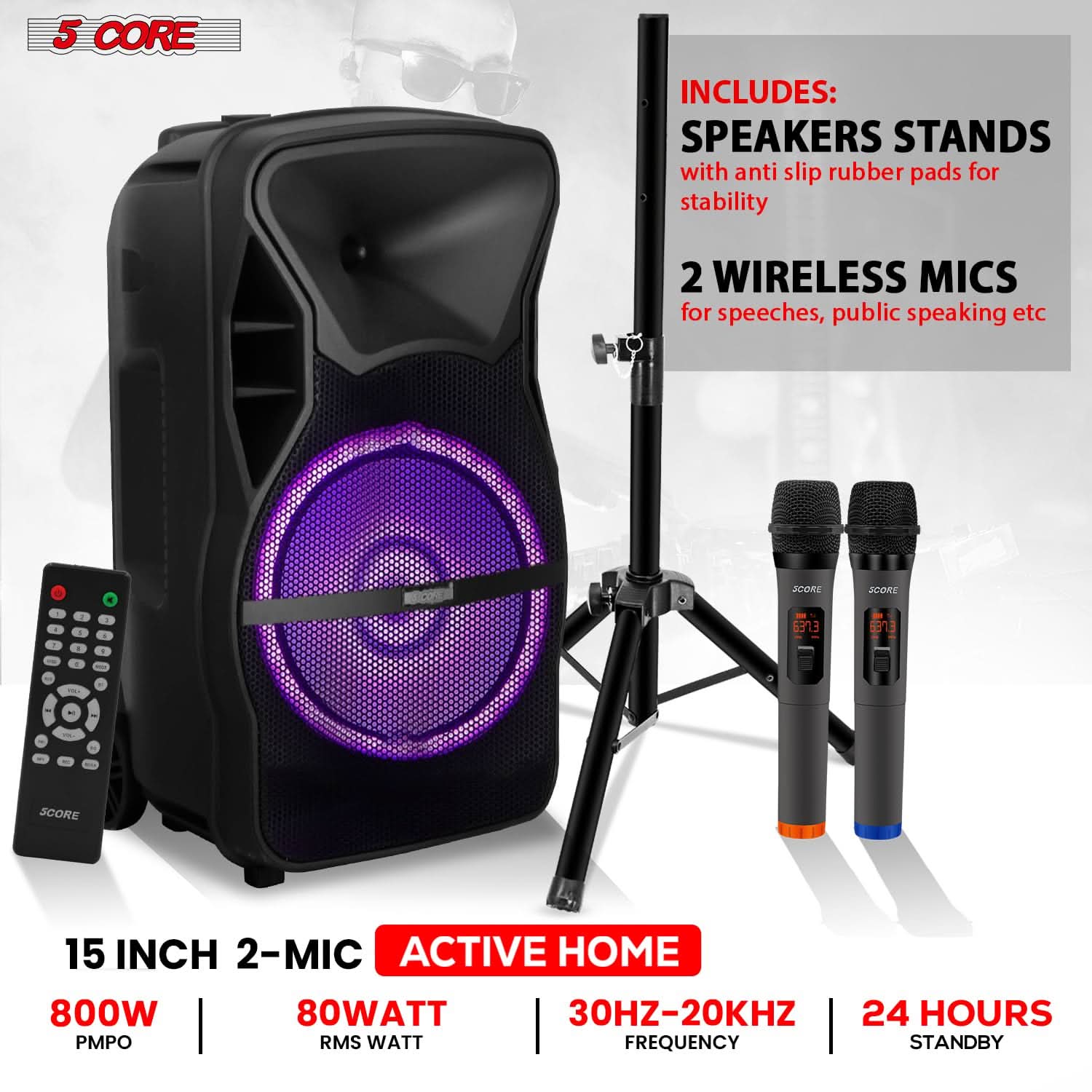 5 CORE TWS Pair Bluetooth Party Speakers with retractable handle and wheels, designed for portable karaoke and PA system use.