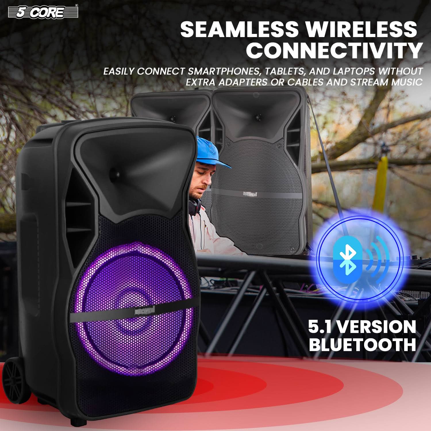 5 CORE TWS Pair Bluetooth Party Speakers with retractable handle and wheels, designed for portable karaoke and PA system use.