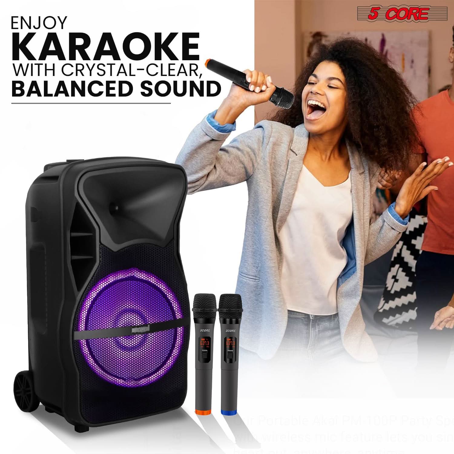 5 CORE TWS Pair Bluetooth Party Speakers with retractable handle and wheels, designed for portable karaoke and PA system use.