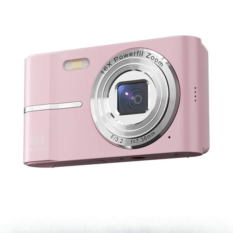 50MP Digital Camera with compact design, perfect for students and travel, featuring a lens and buttons.